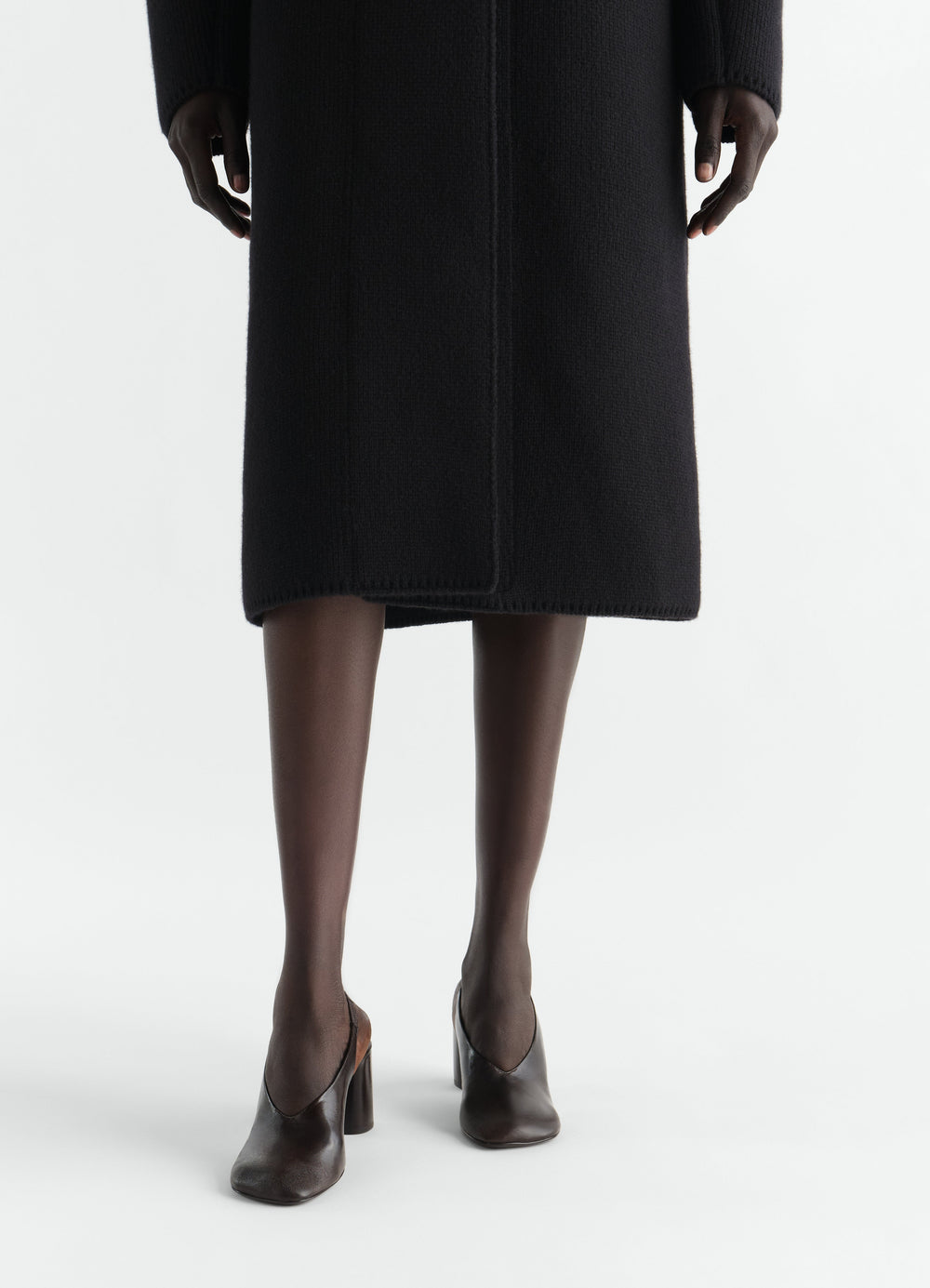 80mm shaded brown lambskin glove slingback pumps LEMAIRE worn by model front view with black skirt