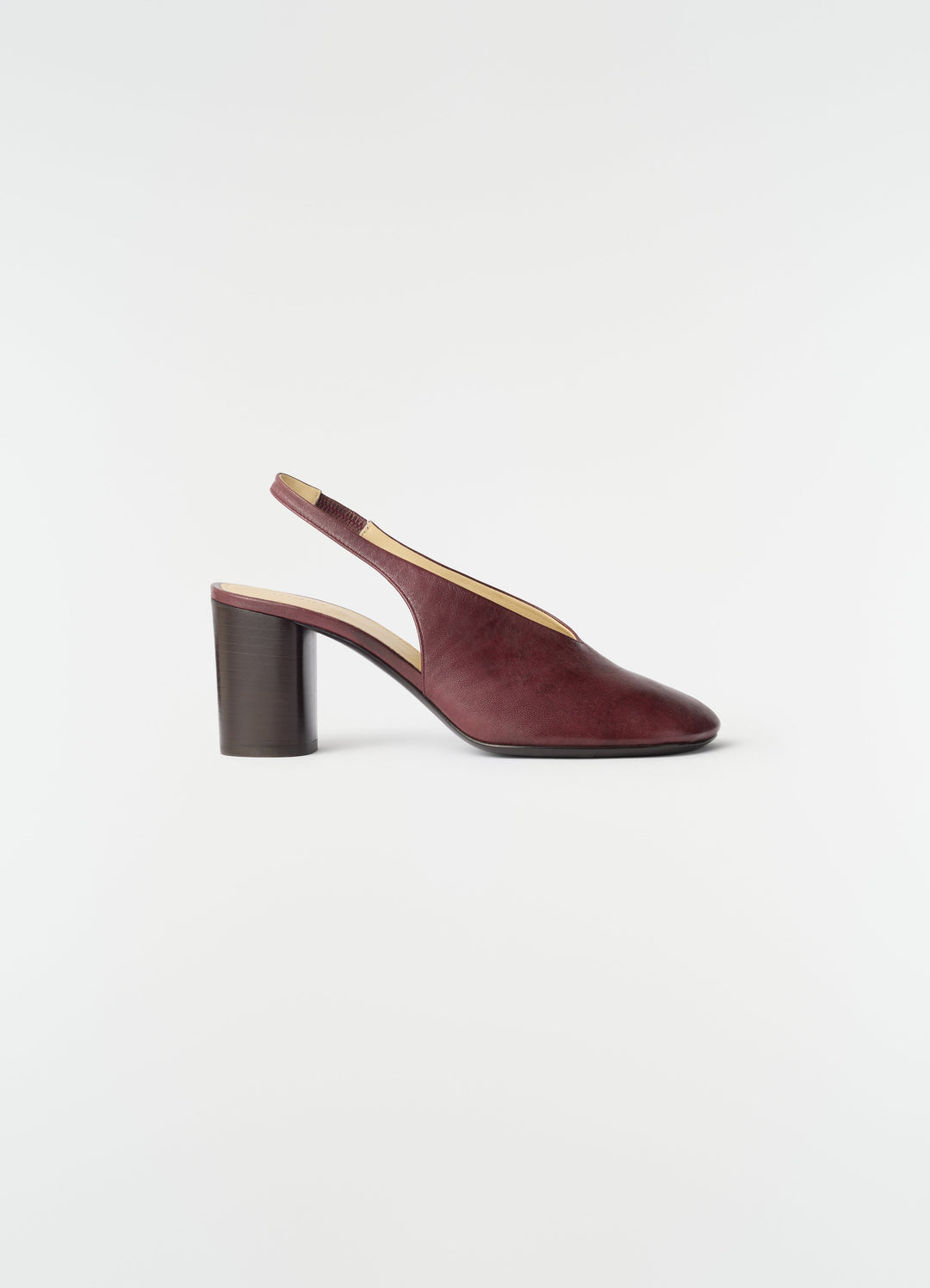 80mm shaded burgundy lambskin slingback pumps with block heel LEMAIRE side view on white background