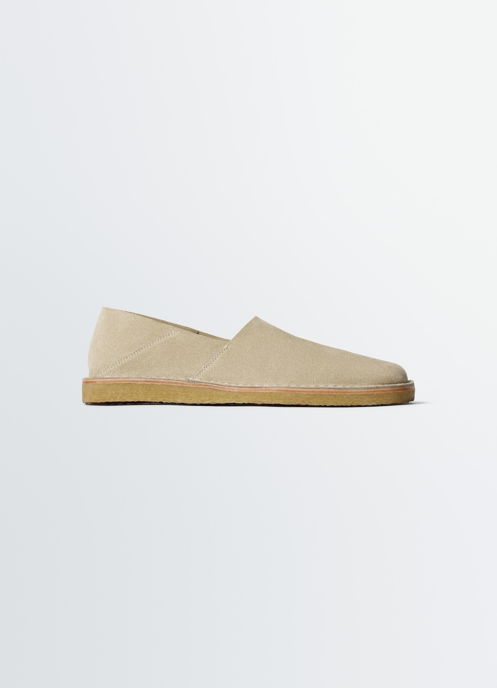 Square slip-on loafers in suede leather, product shot, side view soft loafers design