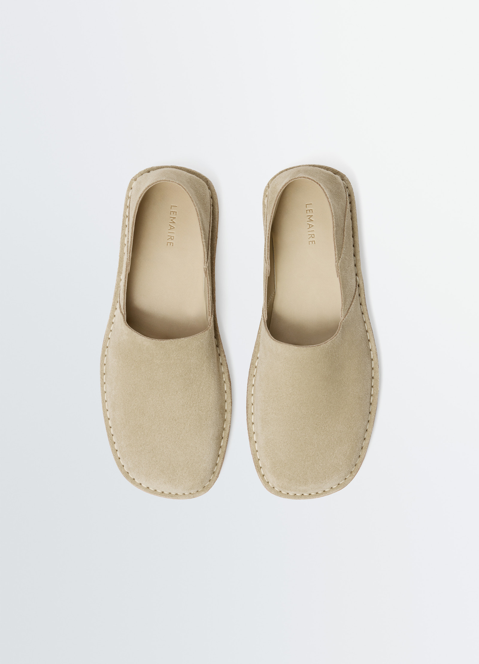 Square slip-on loafers in suede leather, product shot, top view cushioned insole