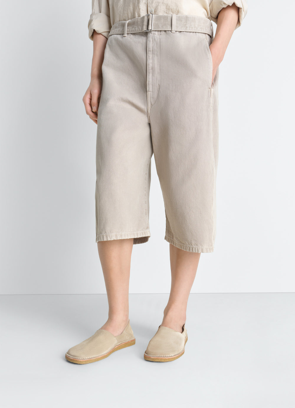 Square Slip-On Loafers in Suede Leather, model shot, three-quarter view relaxed fit worn look
