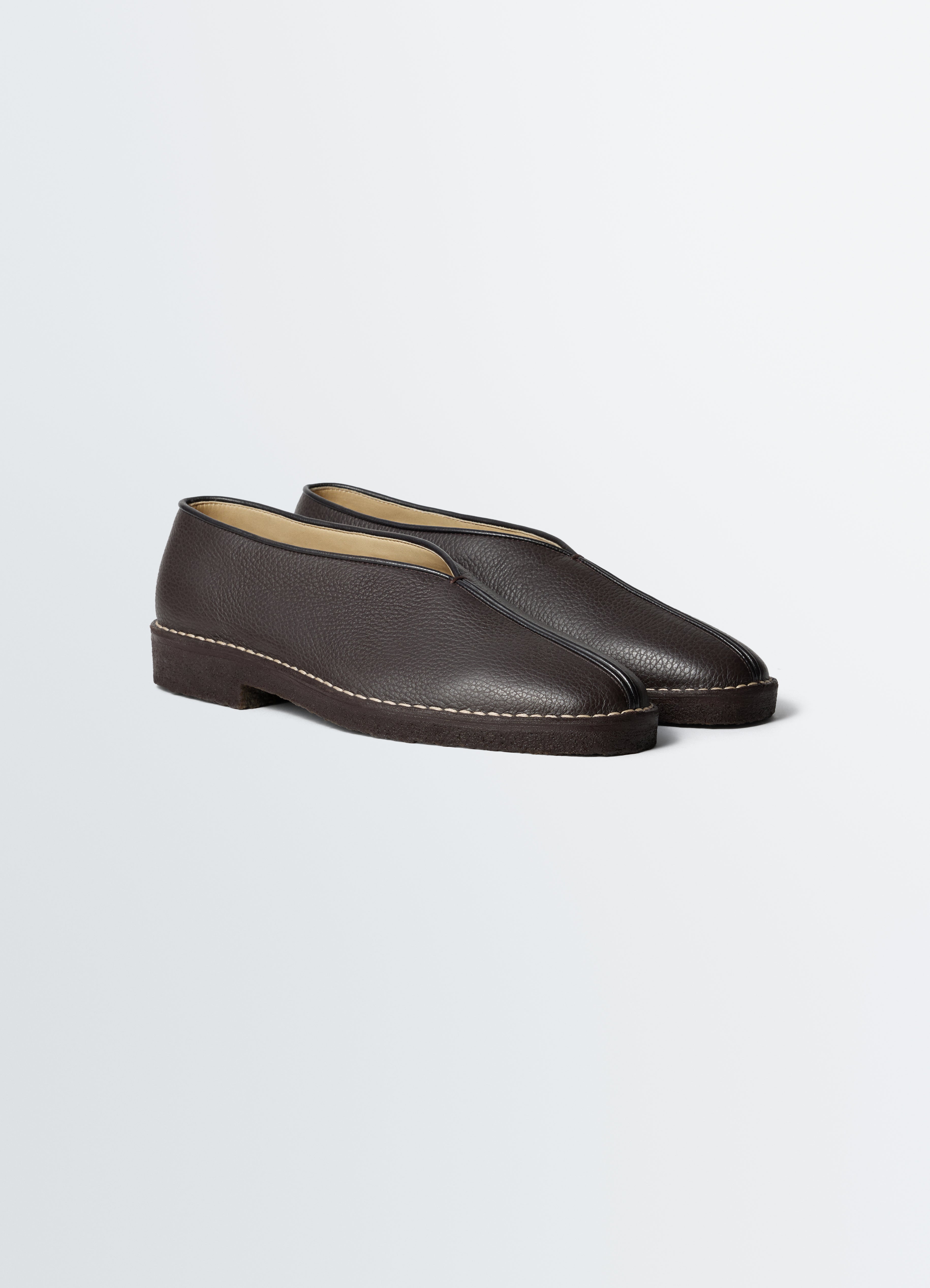 PIPED CREPE SLIPPERS IN LEATHER - Dark Brown - Grained Cow Leather