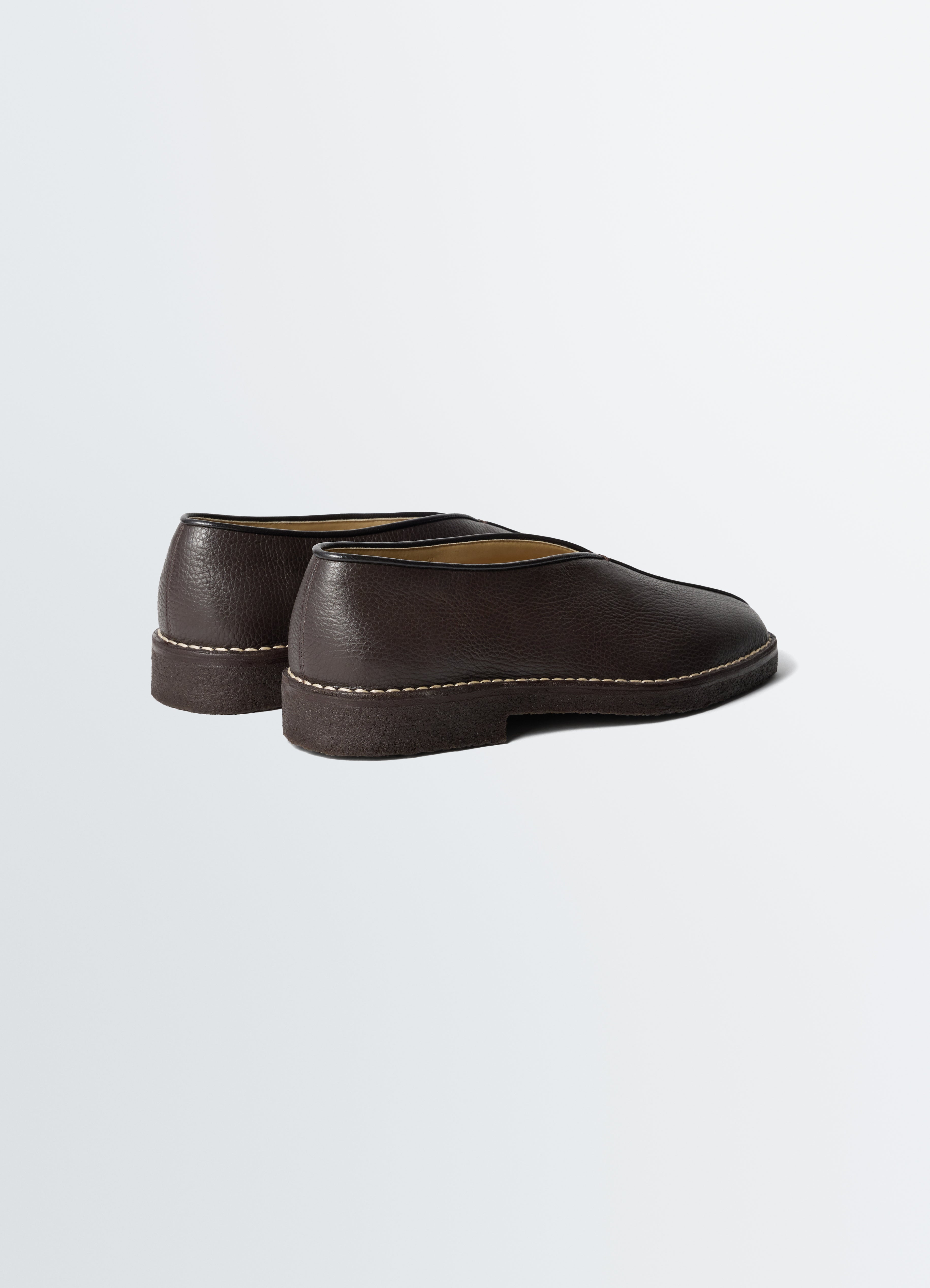 PIPED CREPE SLIPPERS IN LEATHER - Dark Brown - Grained Cow Leather