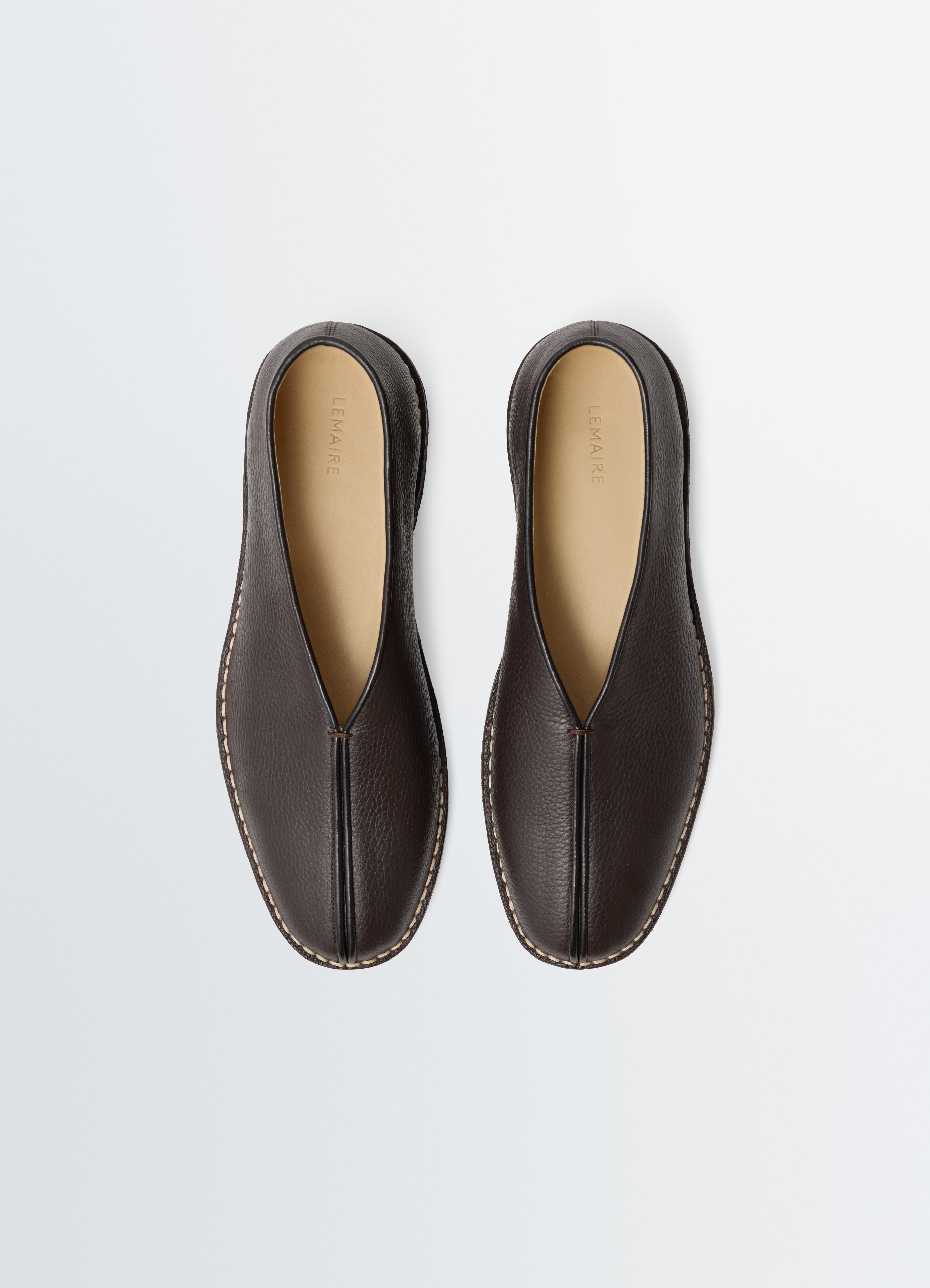 PIPED CREPE SLIPPERS IN LEATHER - Dark Brown - Grained Cow Leather