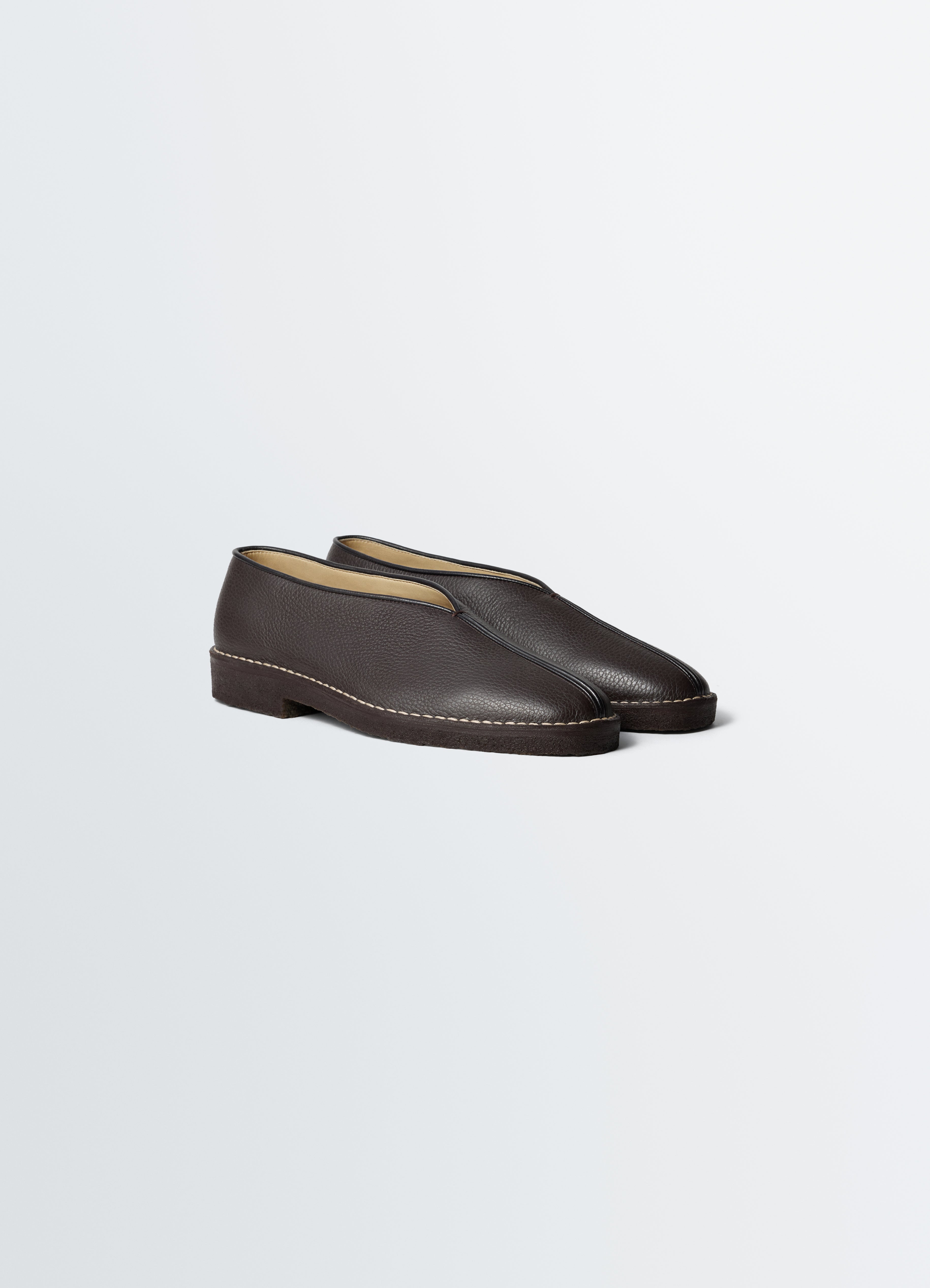 PIPED CREPE SLIPPERS IN LEATHER - Dark Brown - Grained Cow Leather