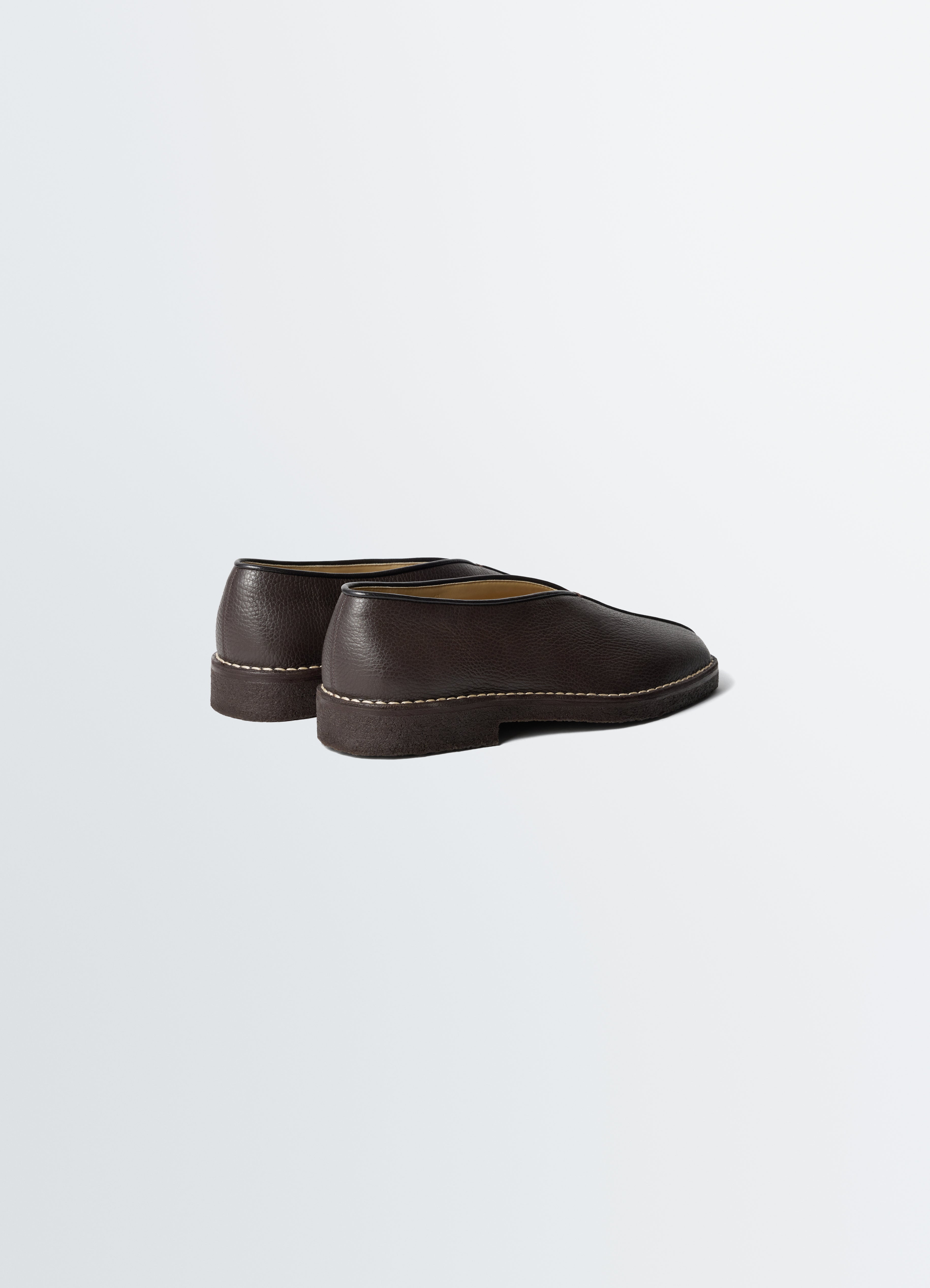 PIPED CREPE SLIPPERS IN LEATHER - Dark Brown - Grained Cow Leather