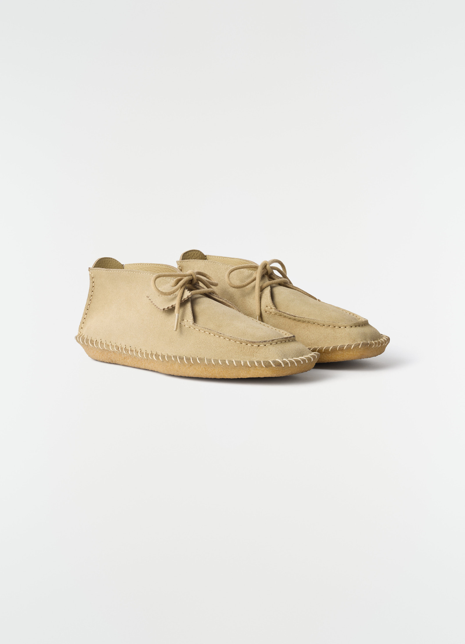 Desert moccasins in beige reversed suede leather with laces by lemaire side view on white background