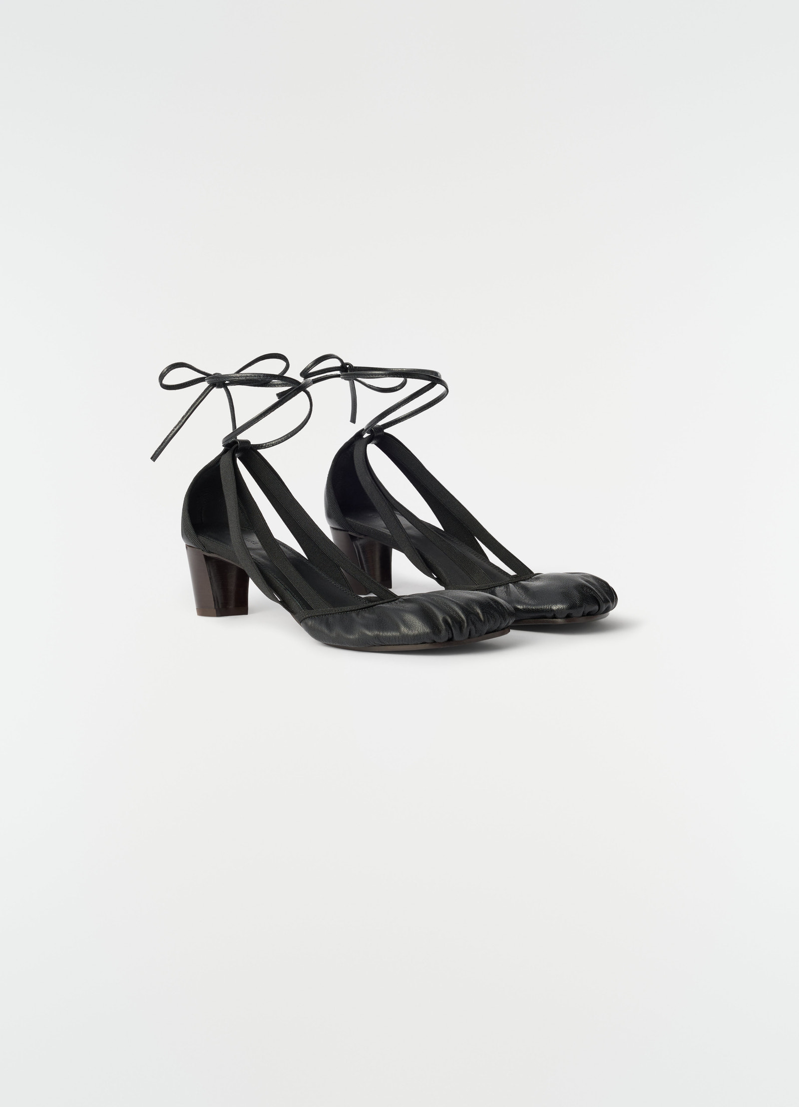 55 mm black goat leather ballerina heels with ankle ties by lemaire on plain white background