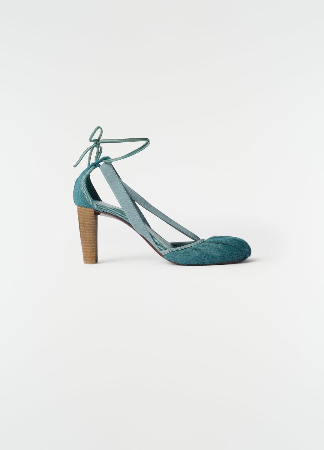 80mm teal pony-style leather heeled ballerina with ankle ties by LEMAIRE side view on white background