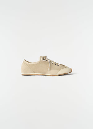 Gummy grips beige mixed leather sneakers lemaire side view on plain white background