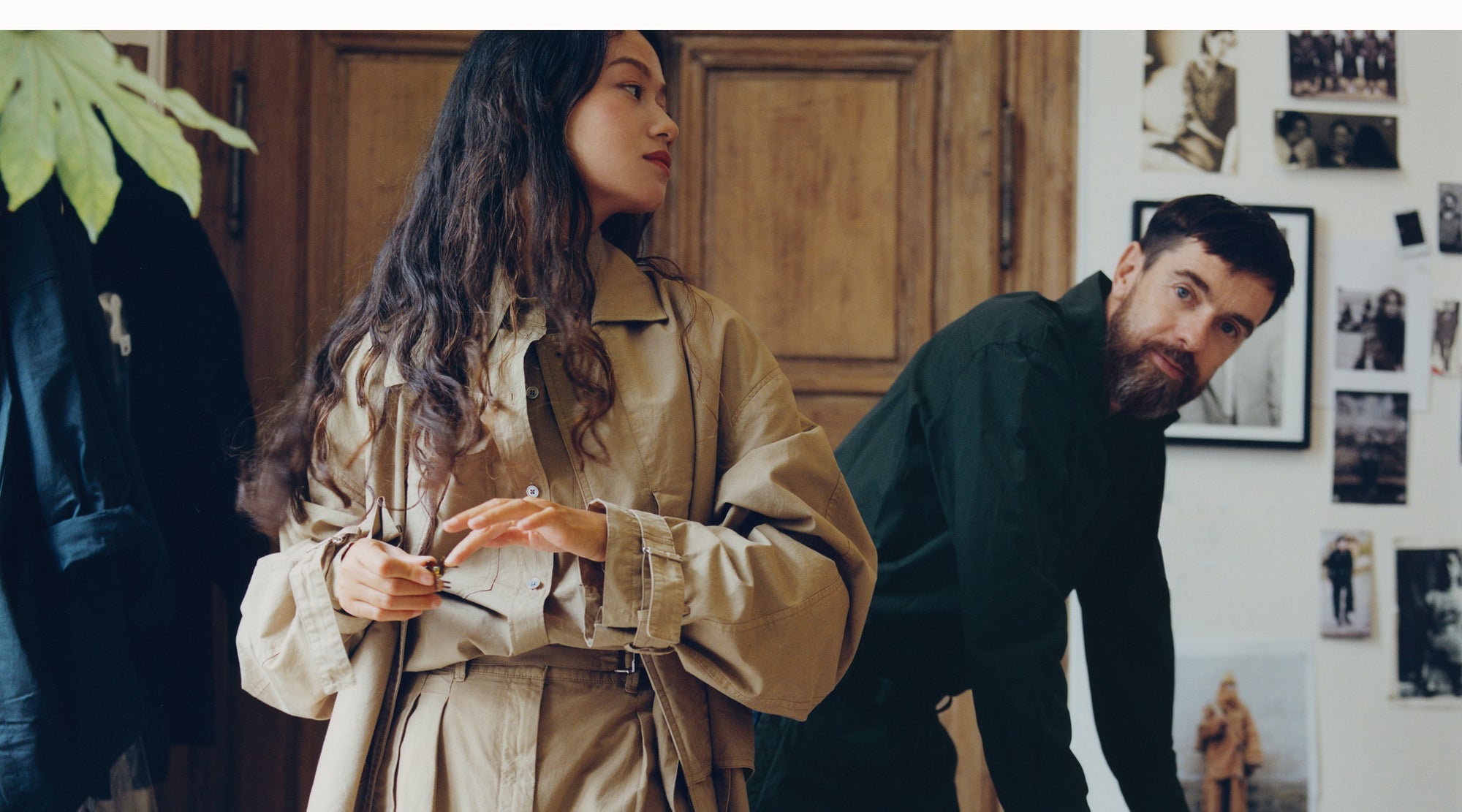 Beige trench coat in Beige cotton, model shot, Front view Oversized design