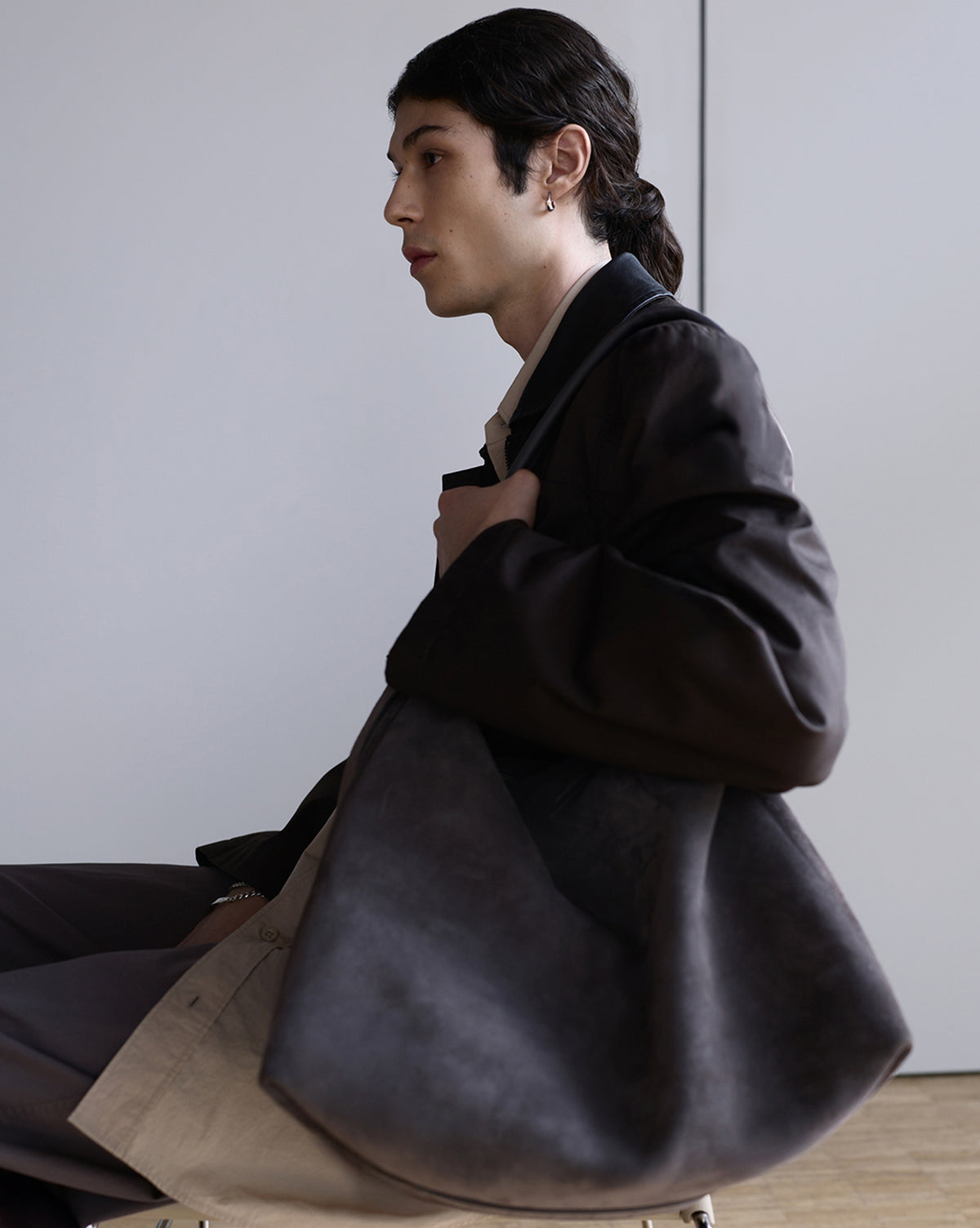 Belted Hobo Bag in Suede Leather, product shot, side view spacious silhouette