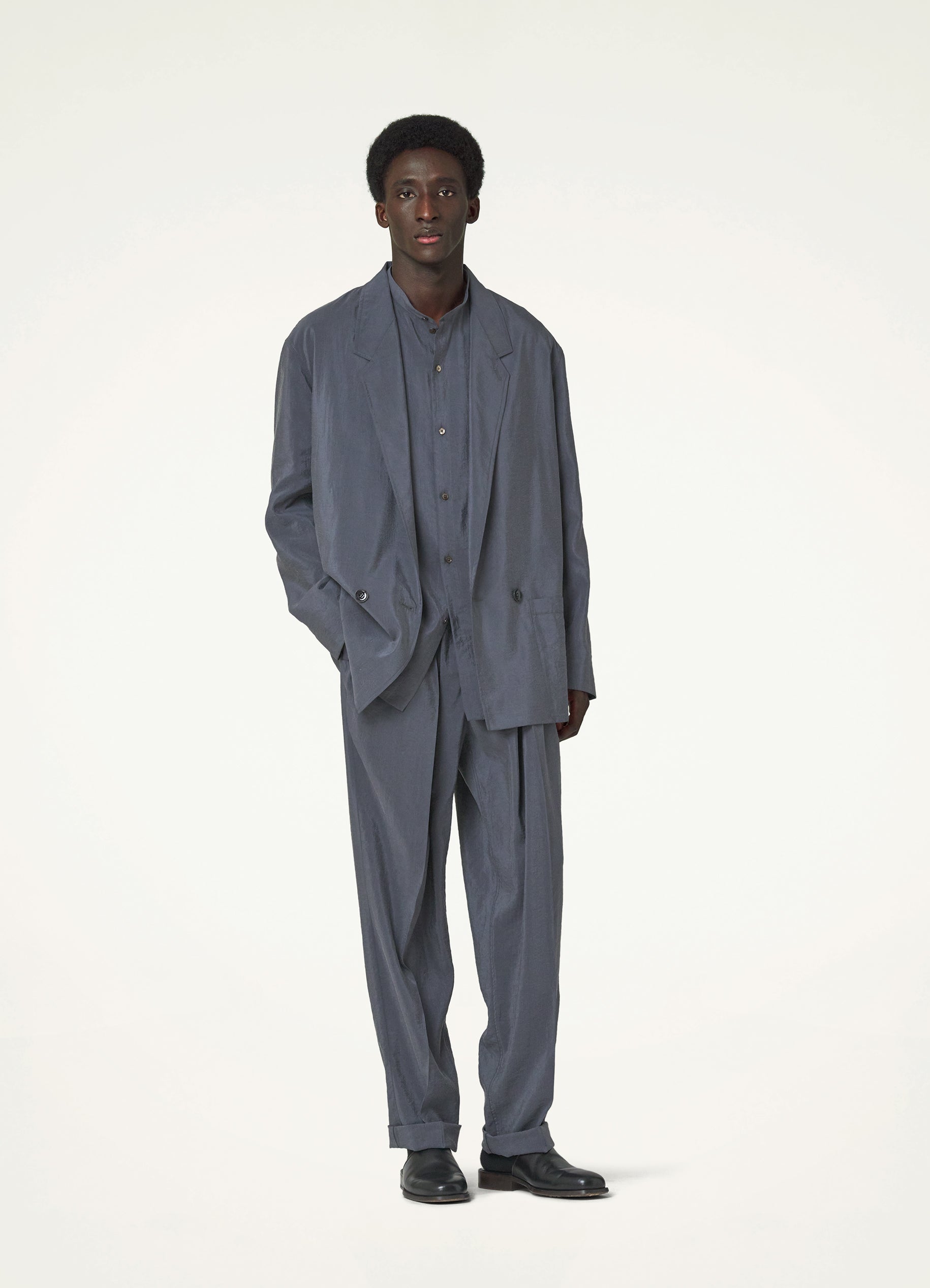 Asphalt Grey Workwear Double Breasted Jacket in Dry Silk | LEMAIRE