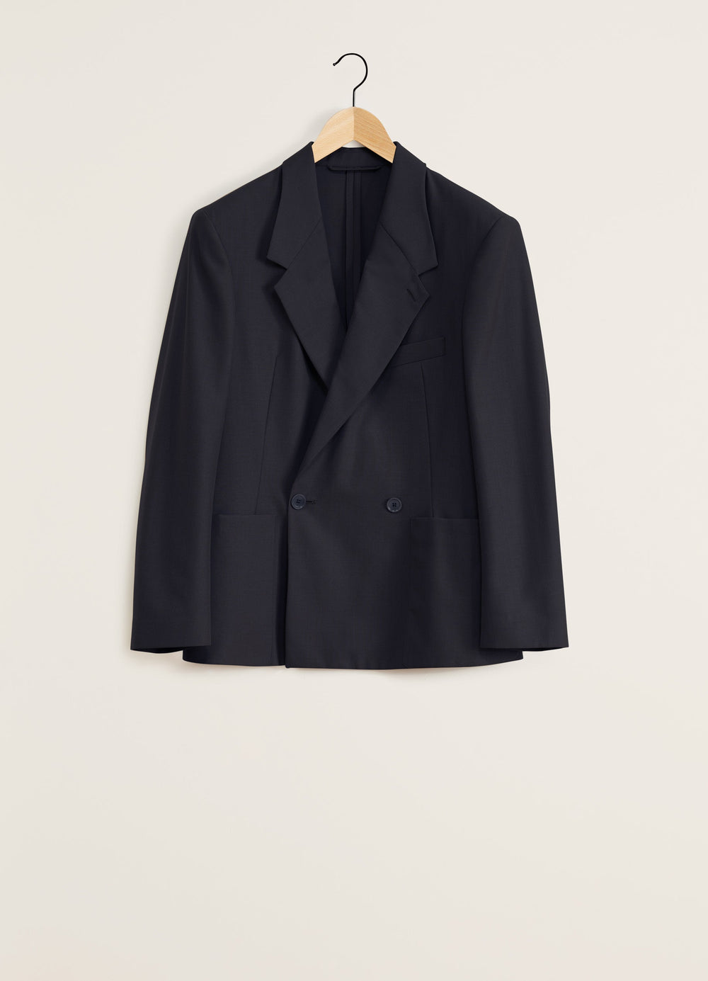 Lemaire Soft Tailored Jacket in Poly-wool mélange twill, product shot, Front view Structured shoulder, large lapel