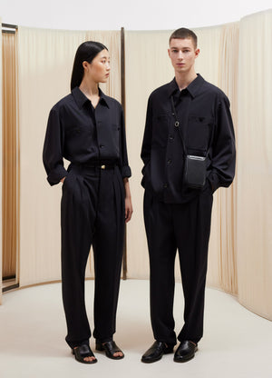 Lemaire soft military overshirt in deep navy virgin wool, model shot, front view boxy fit with workwear collar