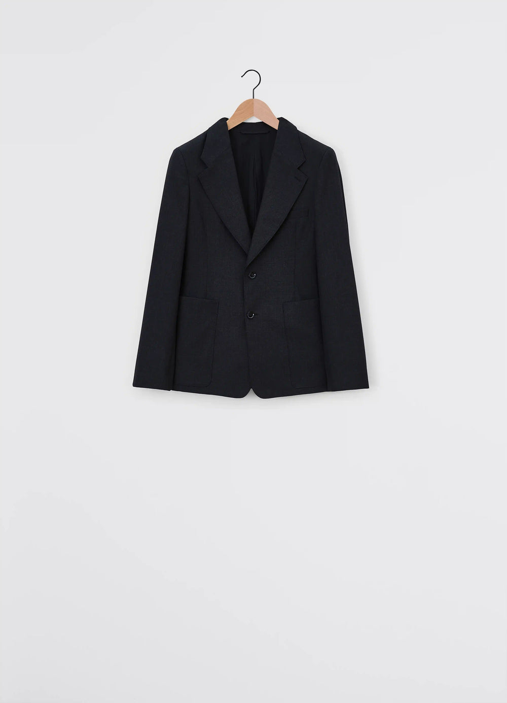 Lemaire Single Breasted Fitted Tail in Tropical Poly-Wool Mélange Twill, product shot, hanging front view notched lapels, two
