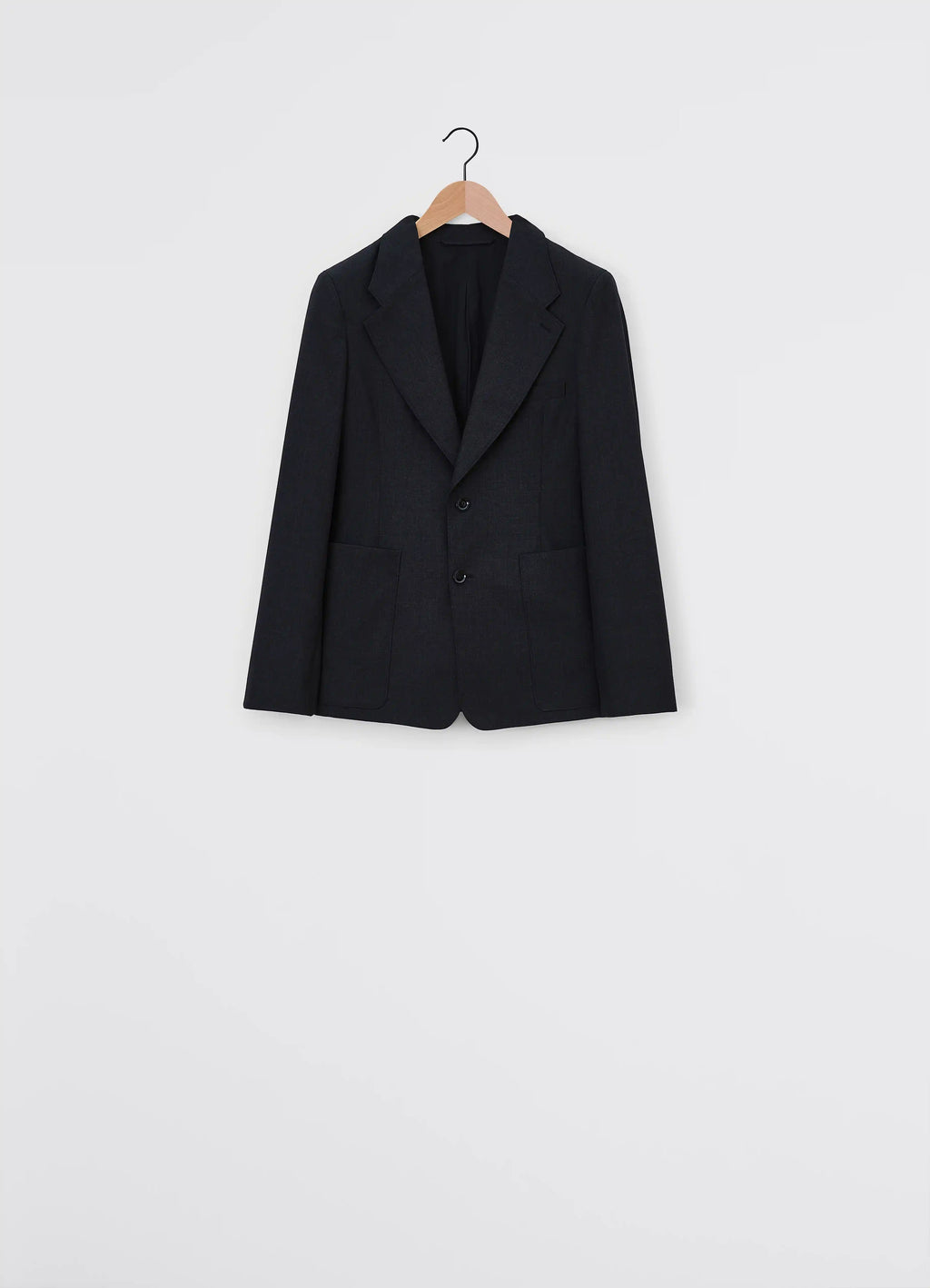 Lemaire Single Breasted Fitted Tail in Tropical Poly-Wool Mélange Twill, product shot, hanging front view notched lapels, two