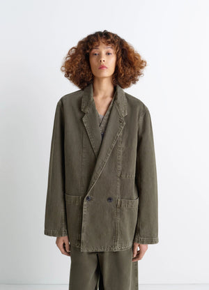 Lemaire Workwear Blazer in Garment Dyed Snow Denim, model shot, front view oversized fit