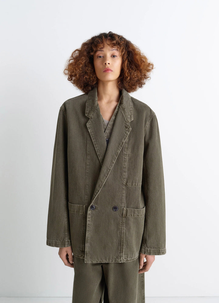 Lemaire Workwear Blazer in Garment Dyed Snow Denim, model shot, front view oversized fit