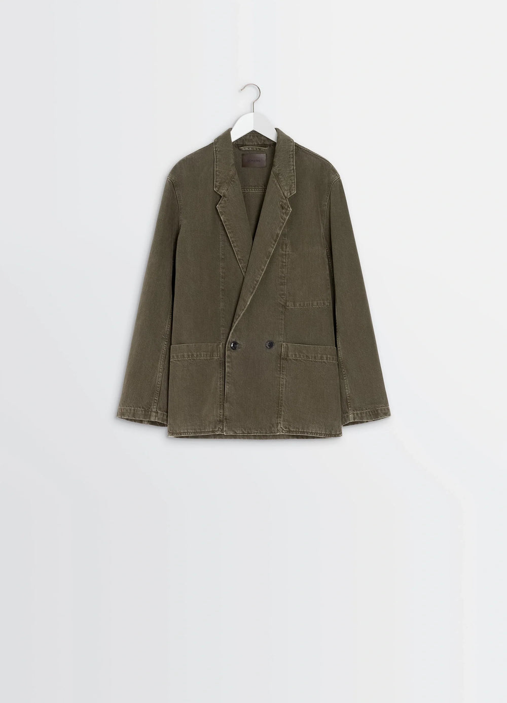 Lemaire Workwear Blazer in Garment Dyed Snow Denim, product shot, hanging view notched lapels, double-breasted