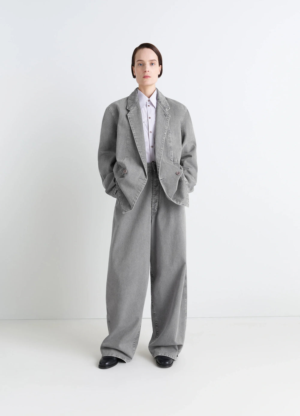 Lemaire Workwear Blazer in Garment Dyed Snow Denim, model shot, front view wide cut design