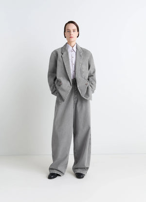 Lemaire Workwear Blazer in Garment Dyed Snow Denim, model shot, front view wide cut design