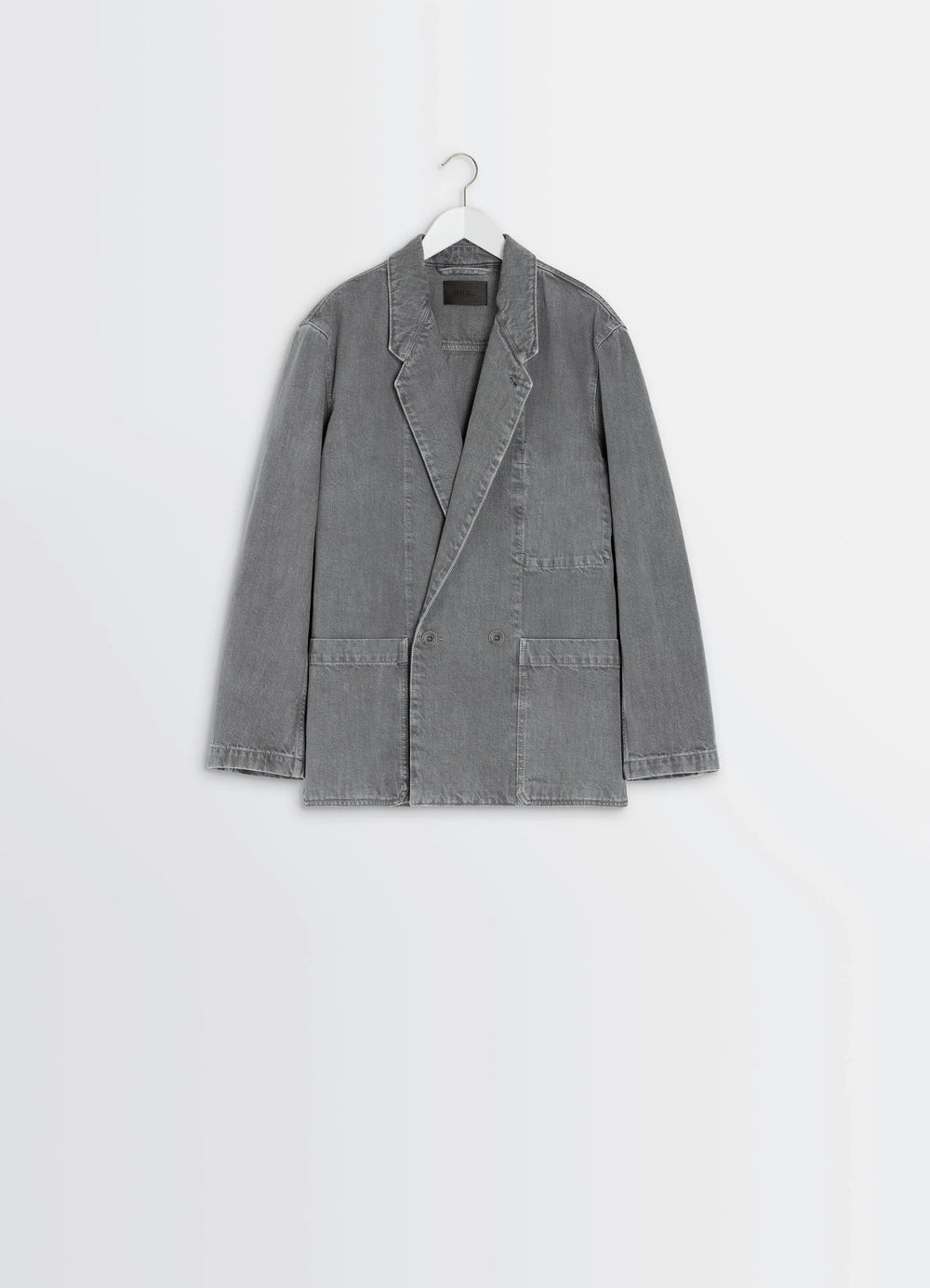 Lemaire Workwear Blazer in Garment Dyed Snow Denim, product shot, hanger view notched lapel