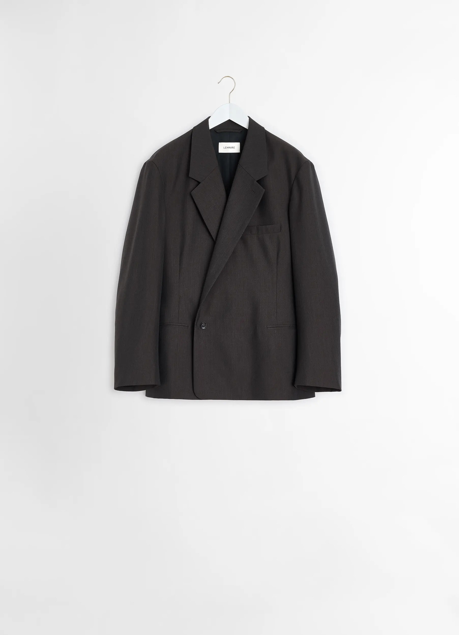 Lemaire soft double breasted jacket in tropical poly-wool mélange twill, product shot, hanger display clean single button