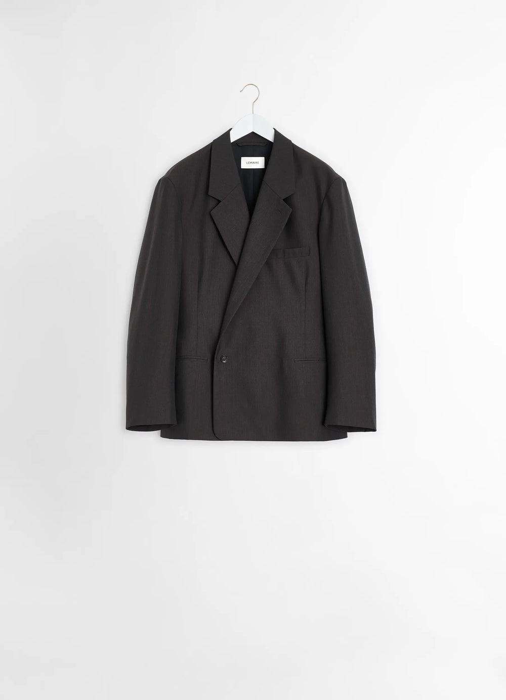 Lemaire Soft Double Breasted Jacket in Tropical Poly-Wool Mélange Twill, product shot, hanger display clean single button