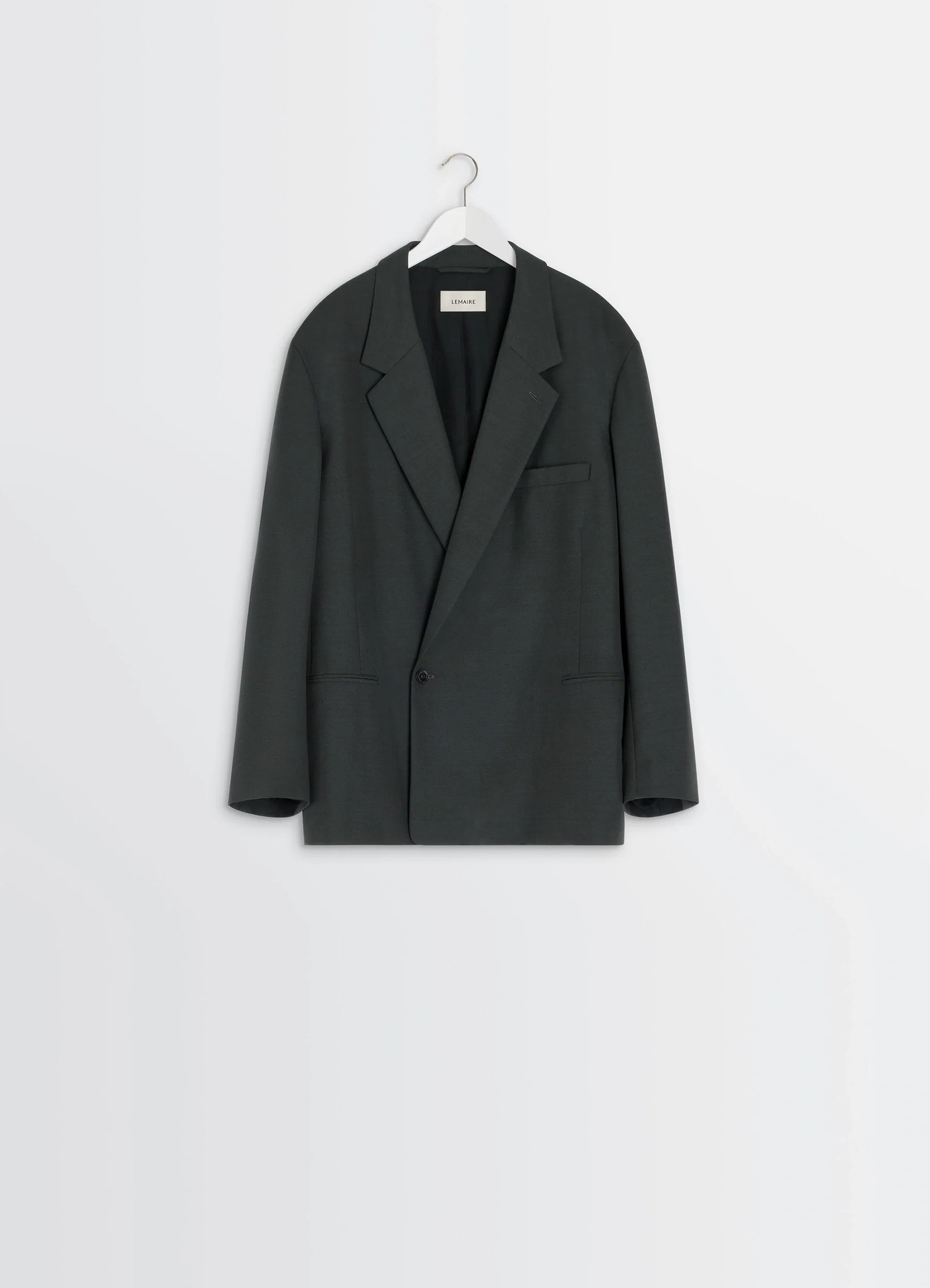 Soft double breasted jacket in mottled tropical wool-blend, product shot, hanger display view single button closure detail