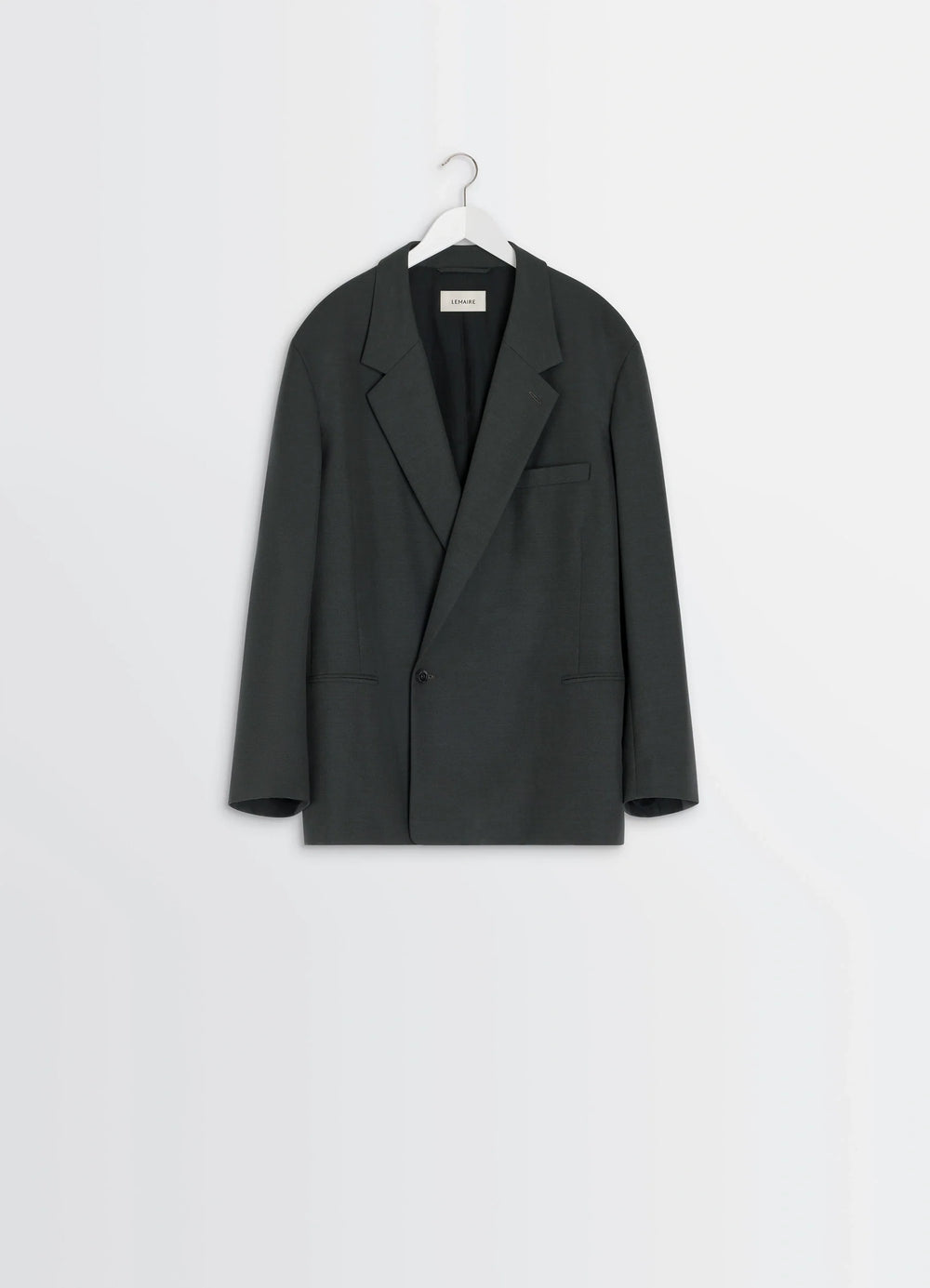 SOFT DOUBLE BREASTED JACKET in Mottled Tropical Wool-Blend, product shot, hanger display view single button closure detail