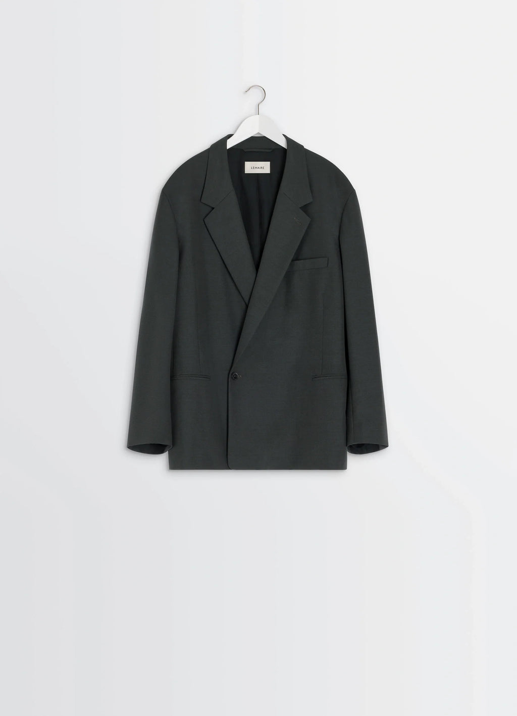 SOFT DOUBLE BREASTED JACKET in Mottled Tropical Wool-Blend, product shot, hanger display view single button closure detail