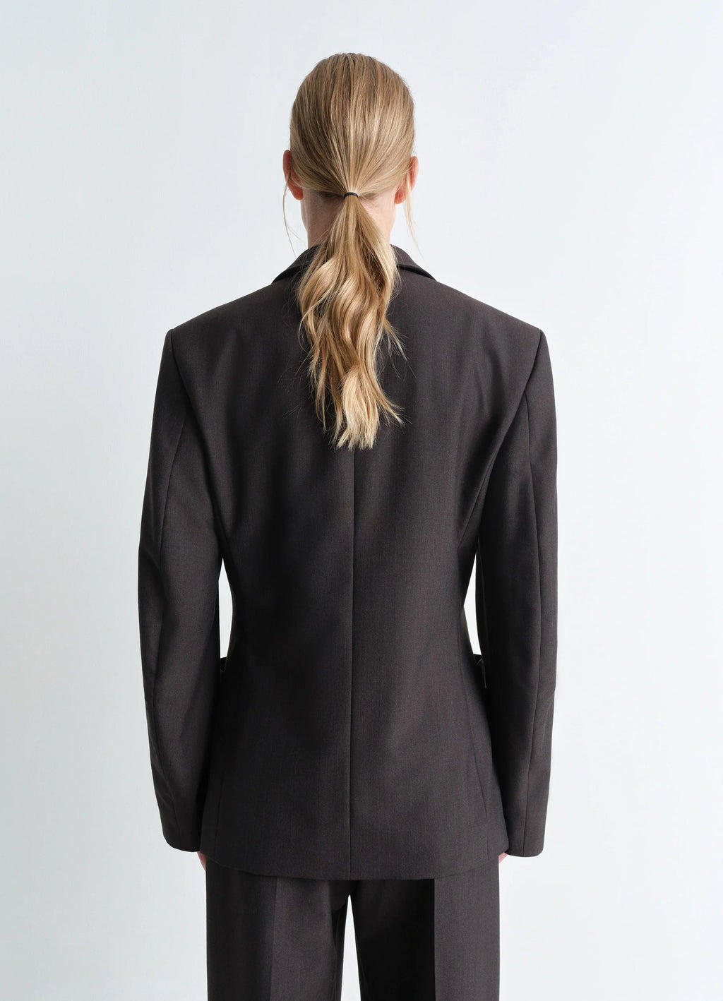 Lemaire Double Breasted Tailored Ja in Tropical Poly-Wool Mélange Twill, model shot, back view straight back seam