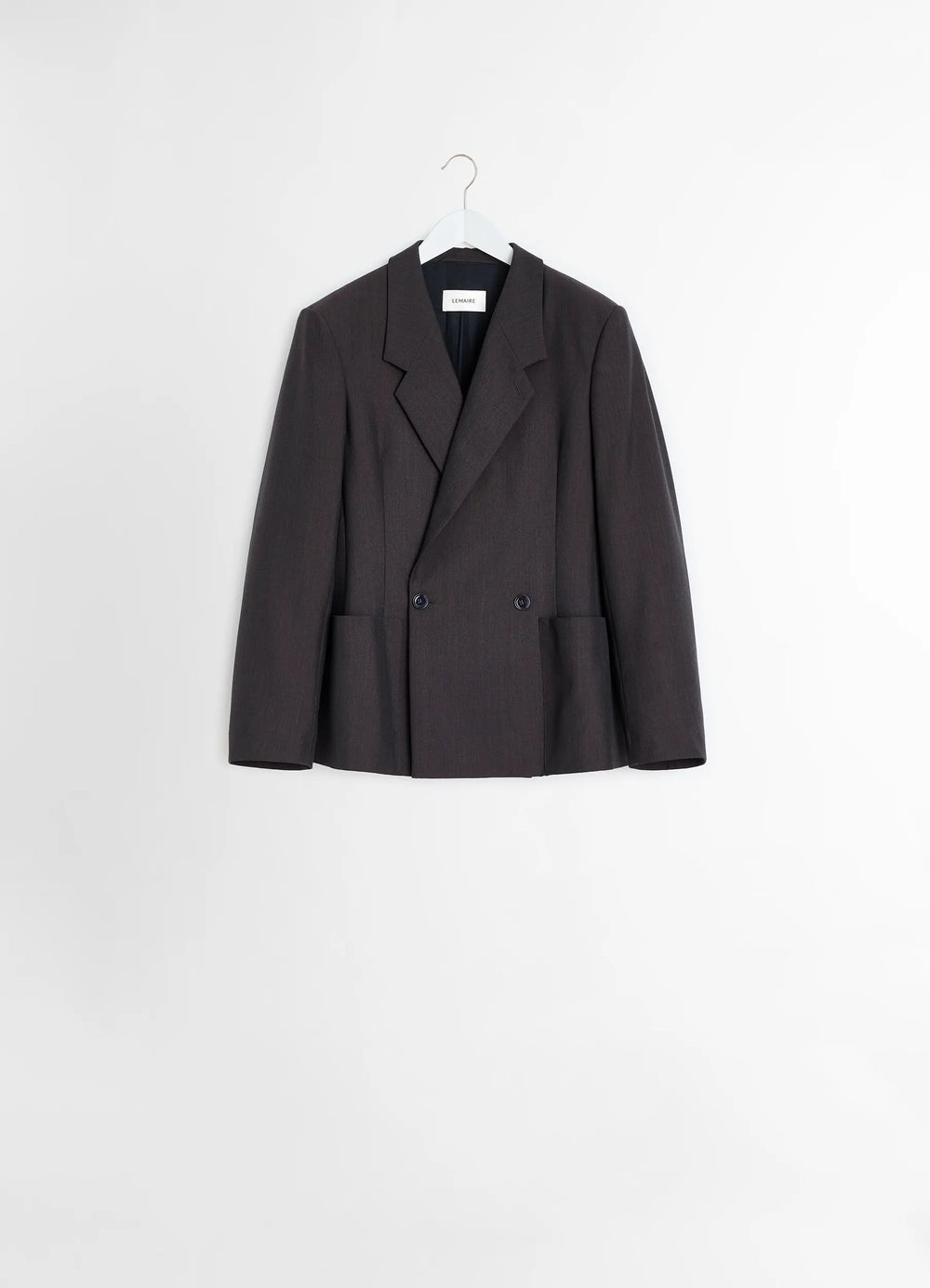 Lemaire Double Breasted Tailored Ja in Tropical Poly-Wool Mélange Twill, product shot, hanger drape shot two-button minimal l