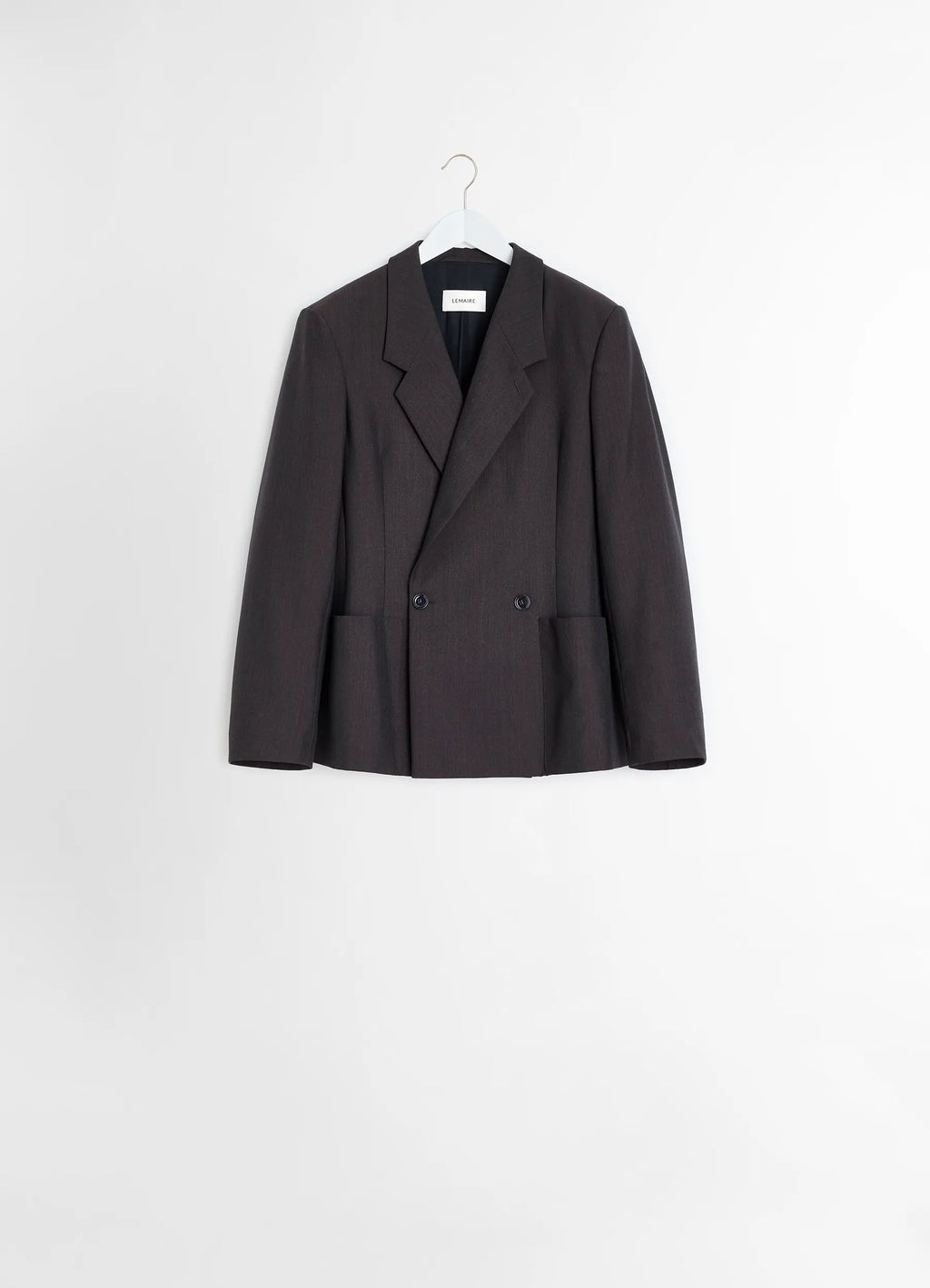 Lemaire Double Breasted Tailored Ja in Tropical Poly-Wool Mélange Twill, product shot, hanger drape shot two-button minimal l