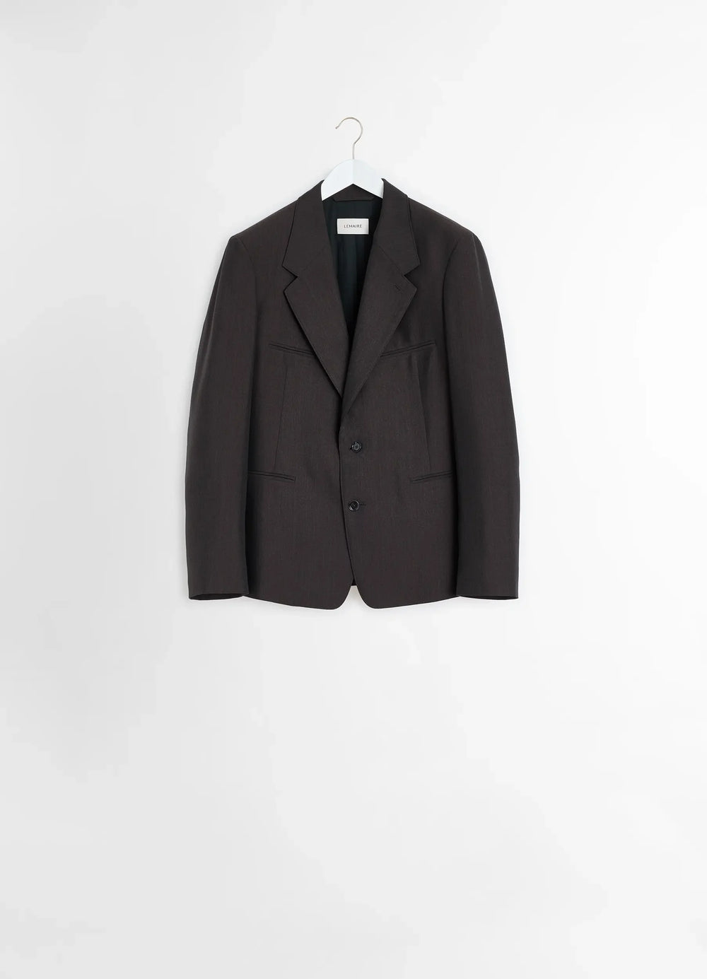Lemaire Tailored Single Breasted Ja in Mélange Twill Poly-Wool, product shot, hanger view dual-button closure