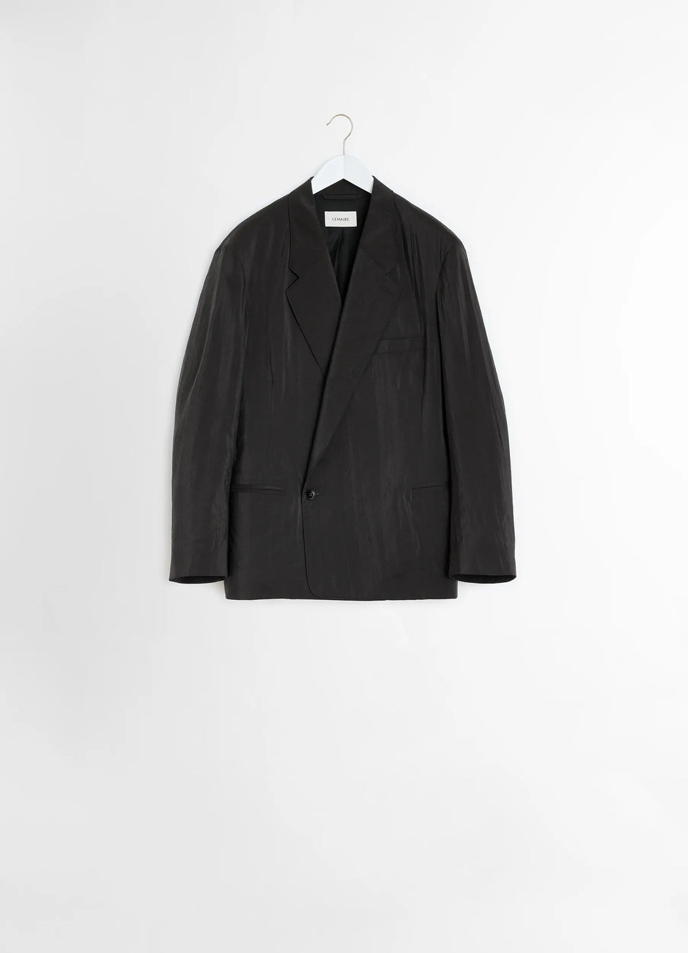 Lemaire Soft Double-Breasted Jacket in Dry Silk, product shot, hanger shot single button detail