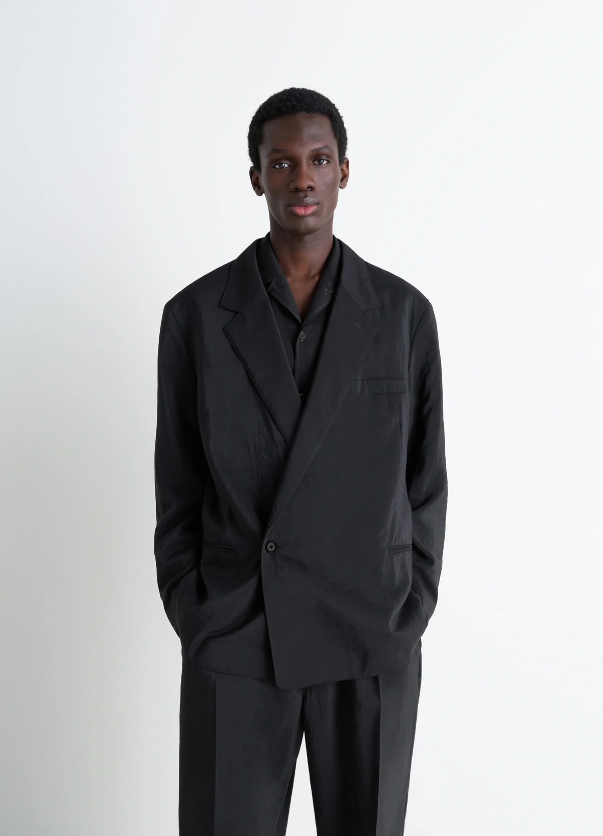 Lemaire Soft Double Breasted Jacket in Black Dry Silk Blend, model shot, Front view Classic tailored fit