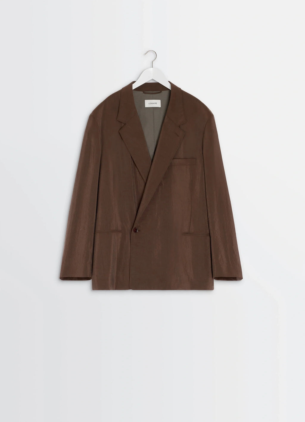 Lemaire Soft Double-Breasted Jacket in Heather Brown Dry Silk Blend, product shot, hanging display view single buttonhole det