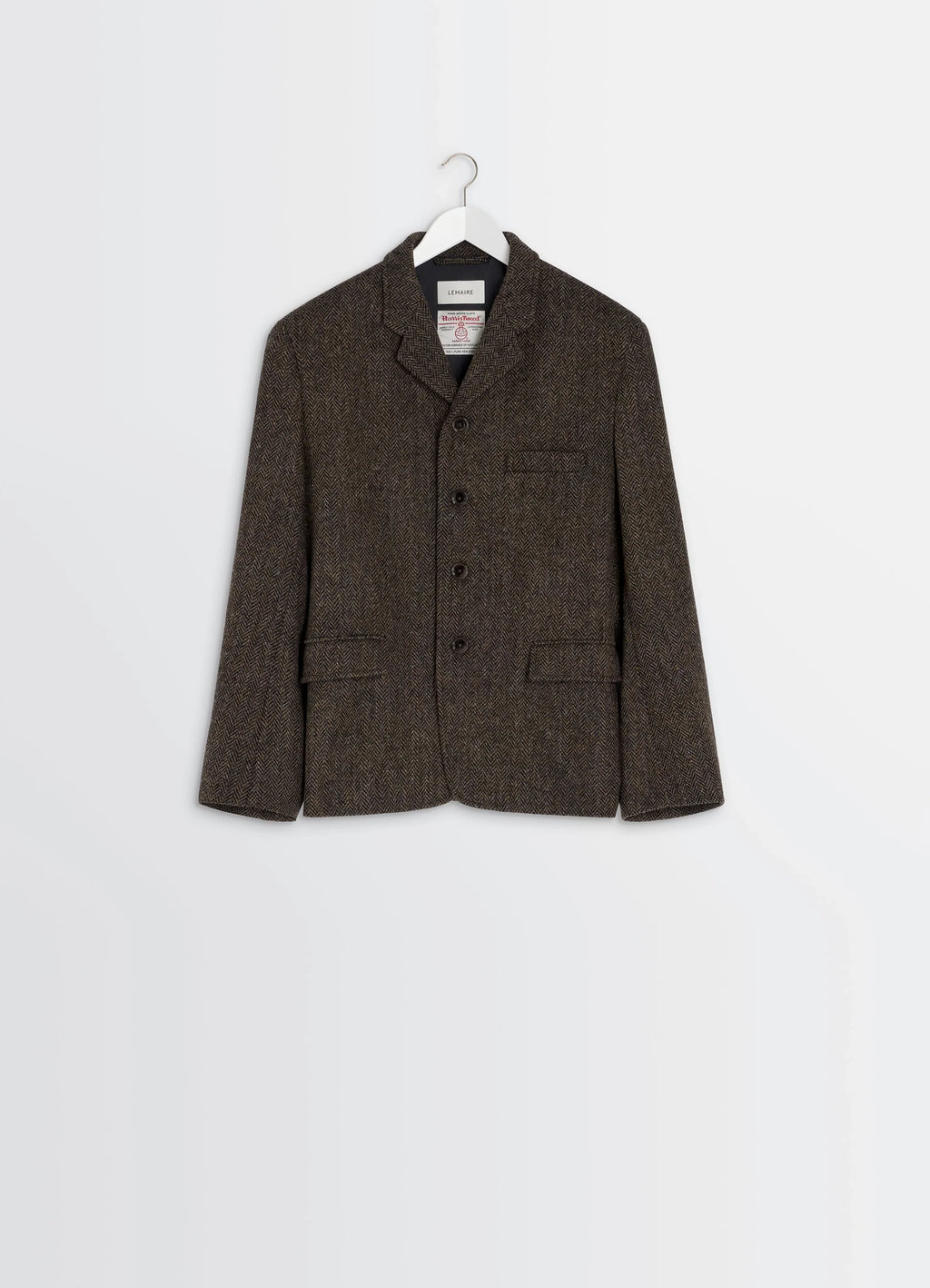 Boxy Tailored Jacket in Harris Tweed Herringbone, product shot, hanging display notched lapel, pocket flaps