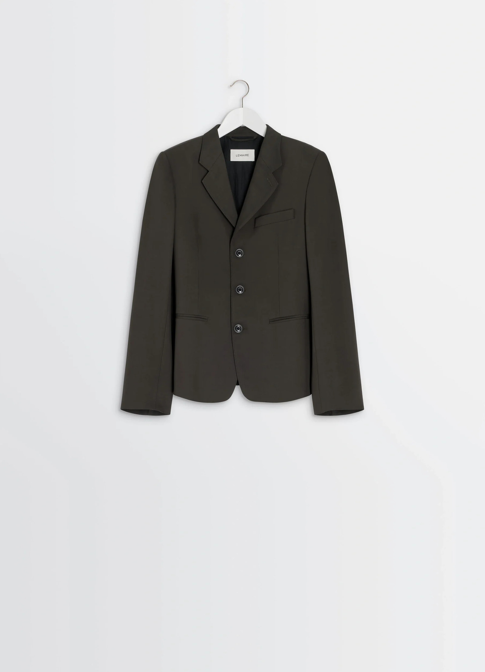 Single-breasted fitted tailored jac in wool and viscose blend gabardine, product shot, hanging straight vi notched lapel with
