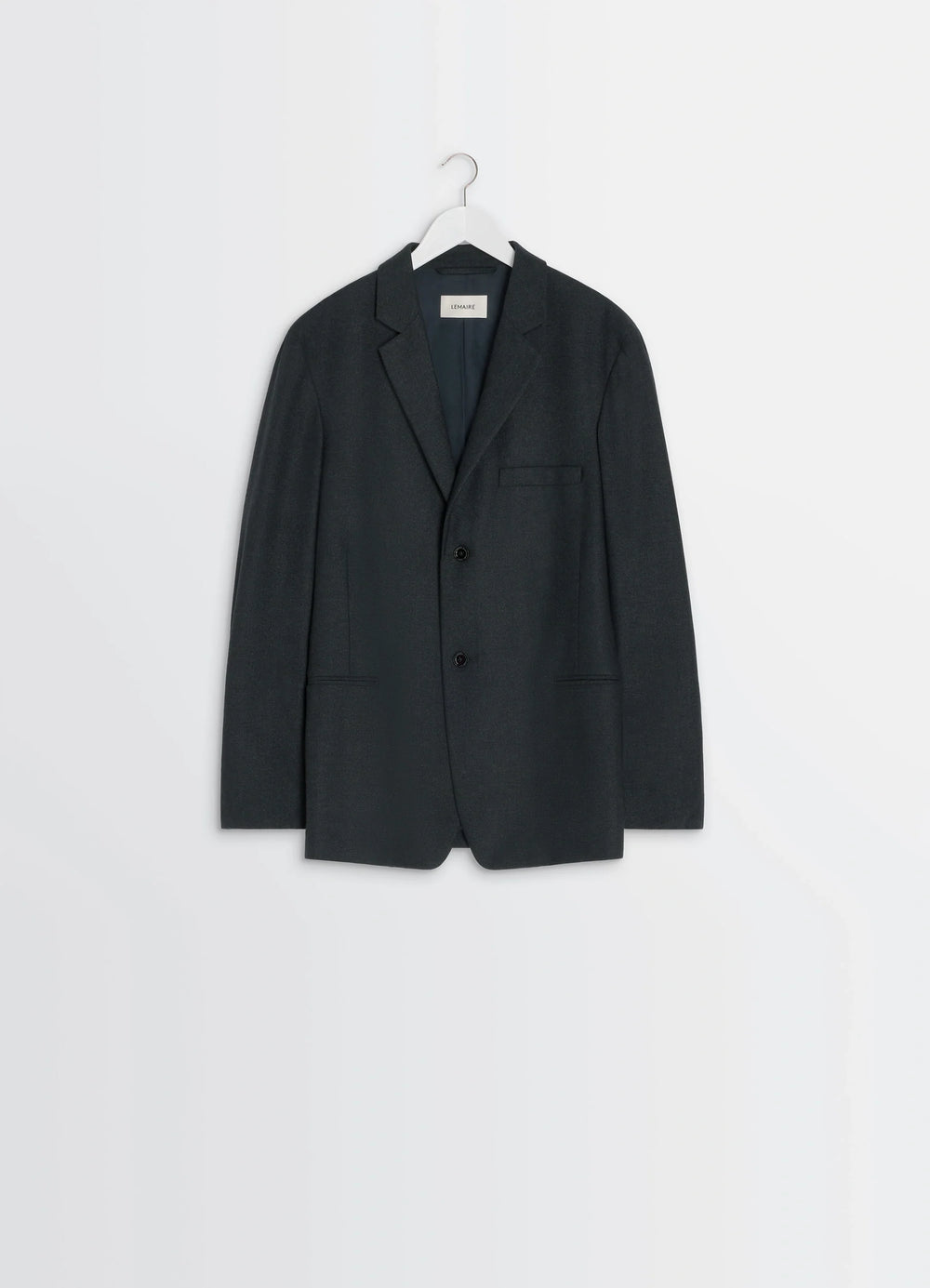 Lemaire Soft Single Breasted Jacket in Lightweight Cashmere-Blend, product shot, hanging display shot classic notch lapel
