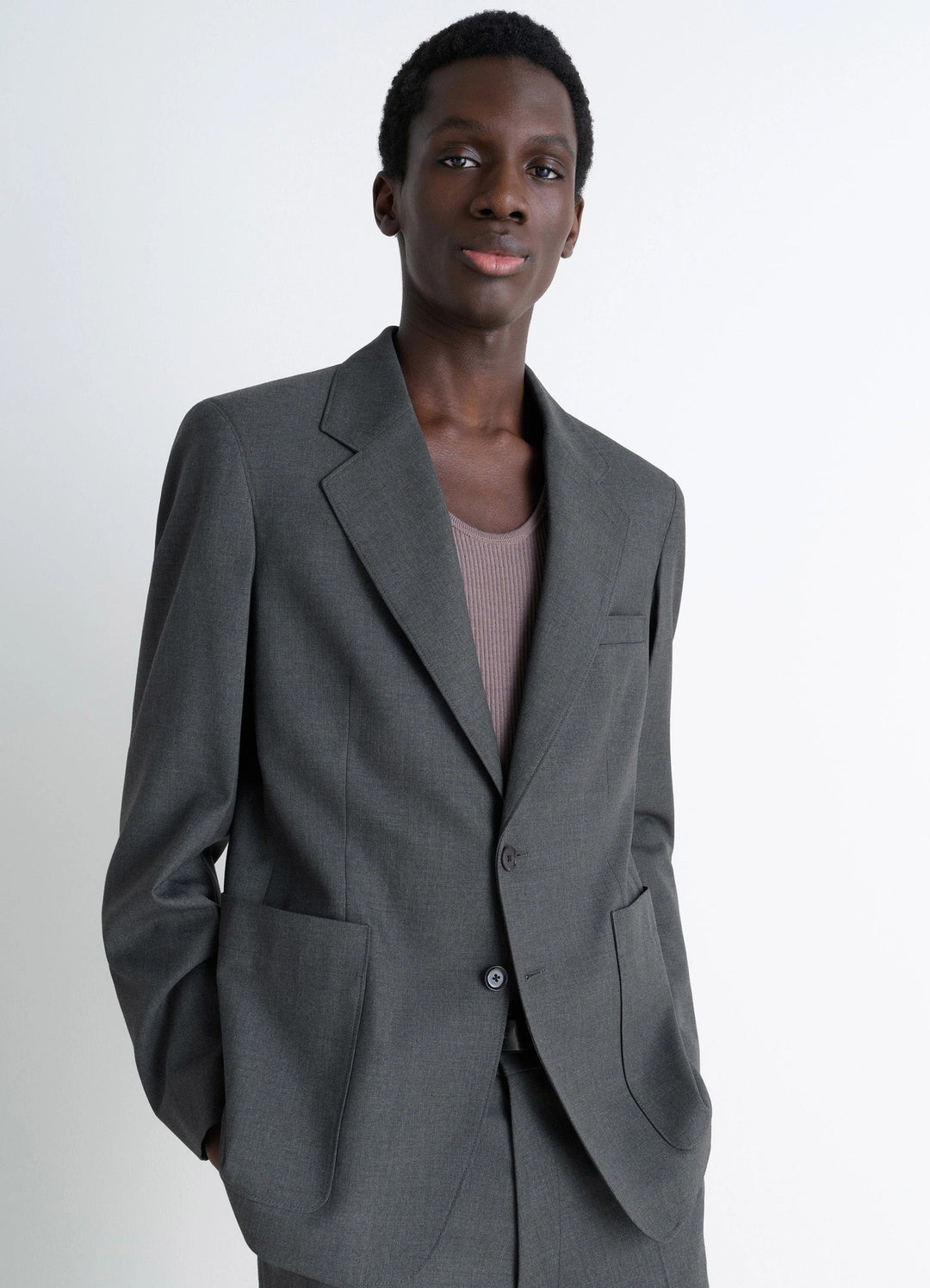 Tailored Single Breasted Jacket in Grey Wool-Blend Suiting, model shot, Front view Fitted cut