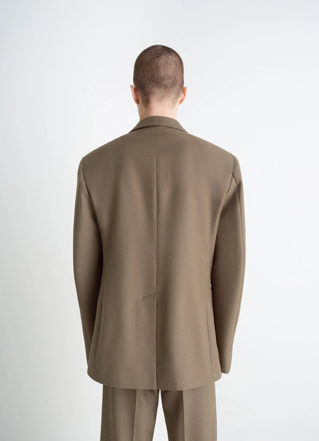Tailored Single Breasted Jacket in Wool-blend in Taupe, model shot, back view smooth back seam