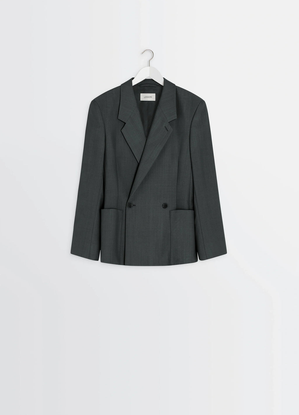 Lemaire Double-Breasted Tailored Ja in Mottled Tropical Wool-Blend, product shot, hanger front view notched lapel, linear cut