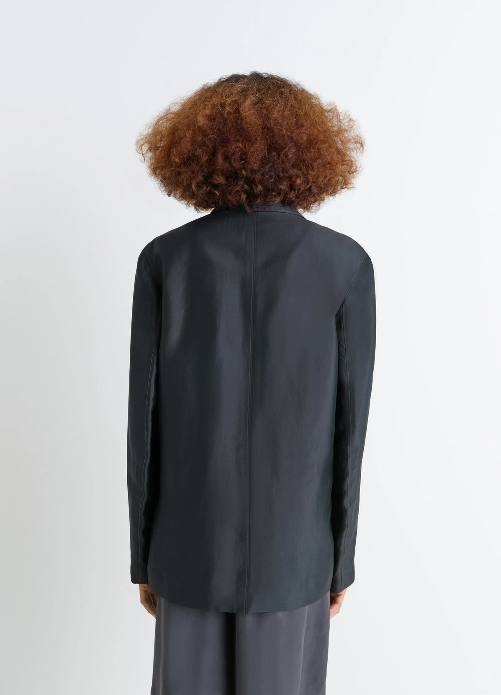 Soft Jacket in Shiny Silk, model shot, back view straight back seam