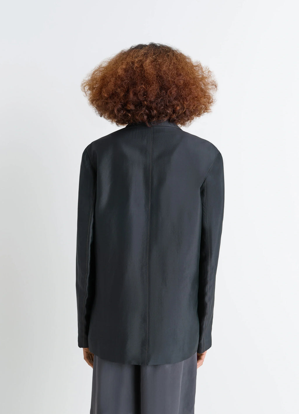 Soft Jacket in Shiny Silk, model shot, back view straight back seam