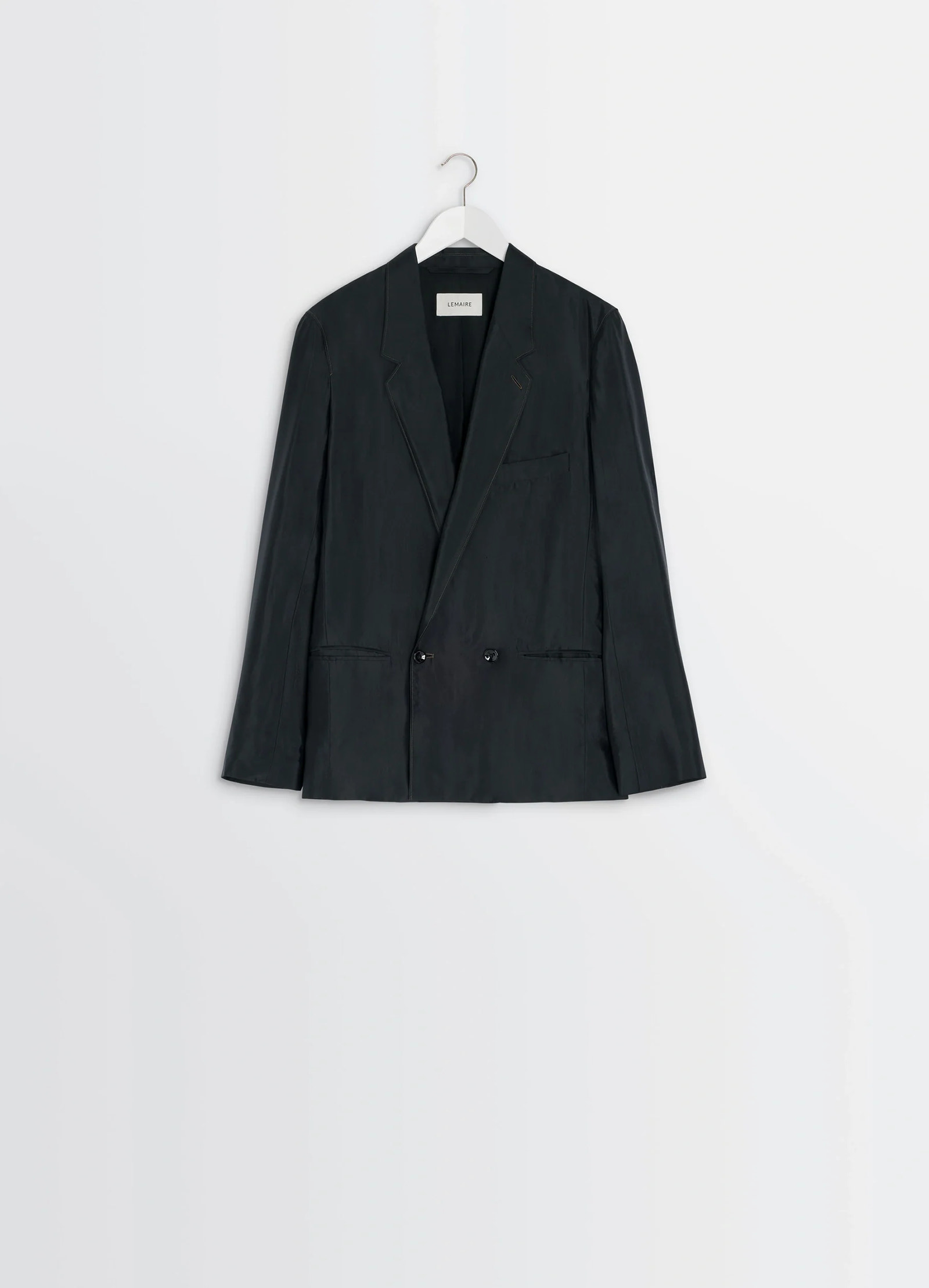 Soft jacket in shiny silk, product shot, hanger front detail double-breasted lapel