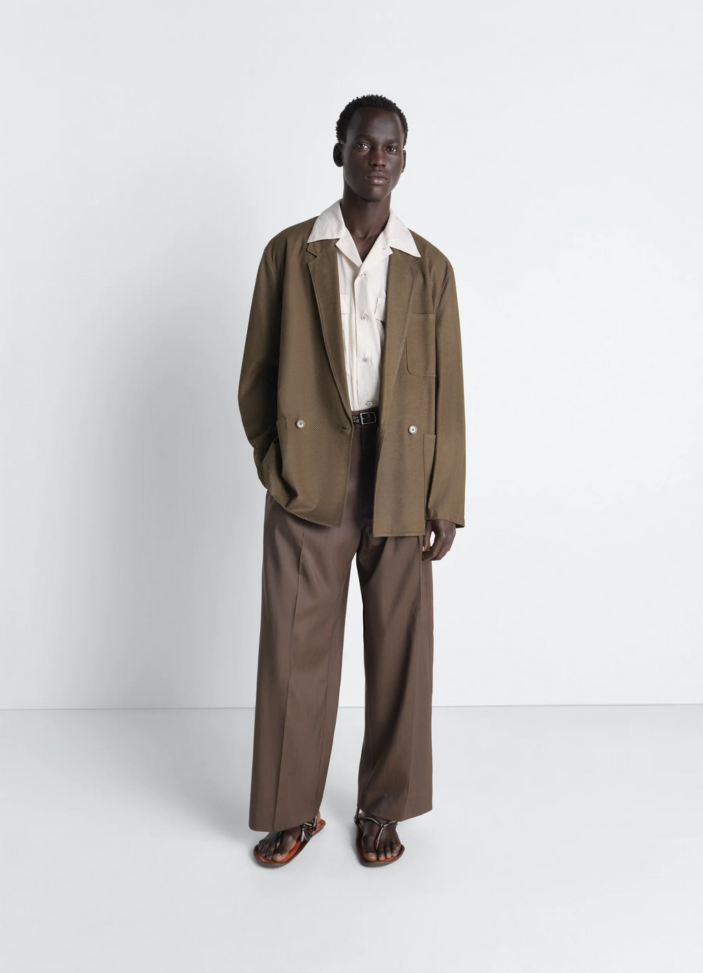 DOUBLE BREASTED LEATHER TAILORED JACKET IN NUBUCK - Thyme