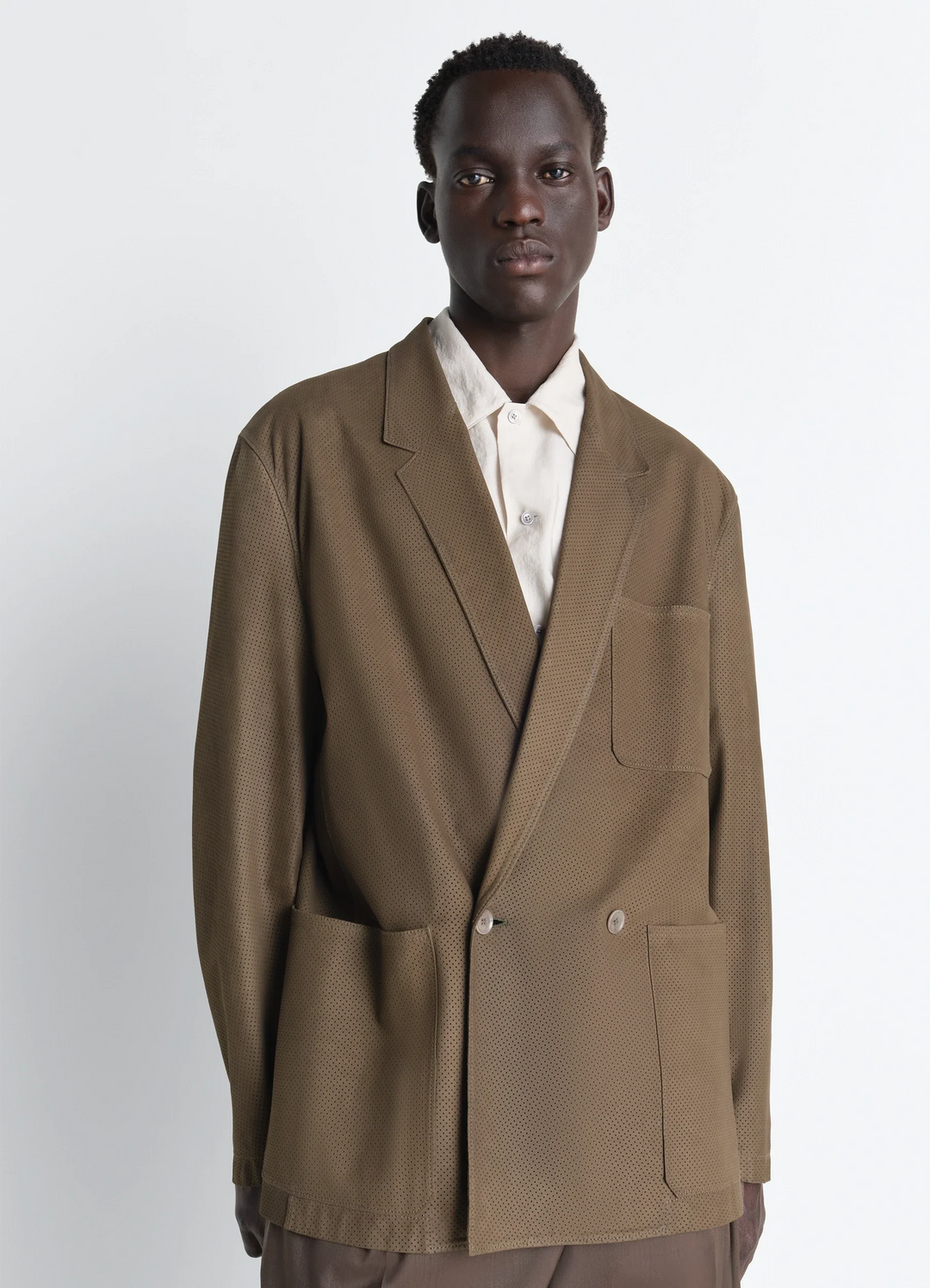 Lemaire Double Breasted Leather Tai in Nubuck, model shot, Front view Slightly fitted, rounded shoulders